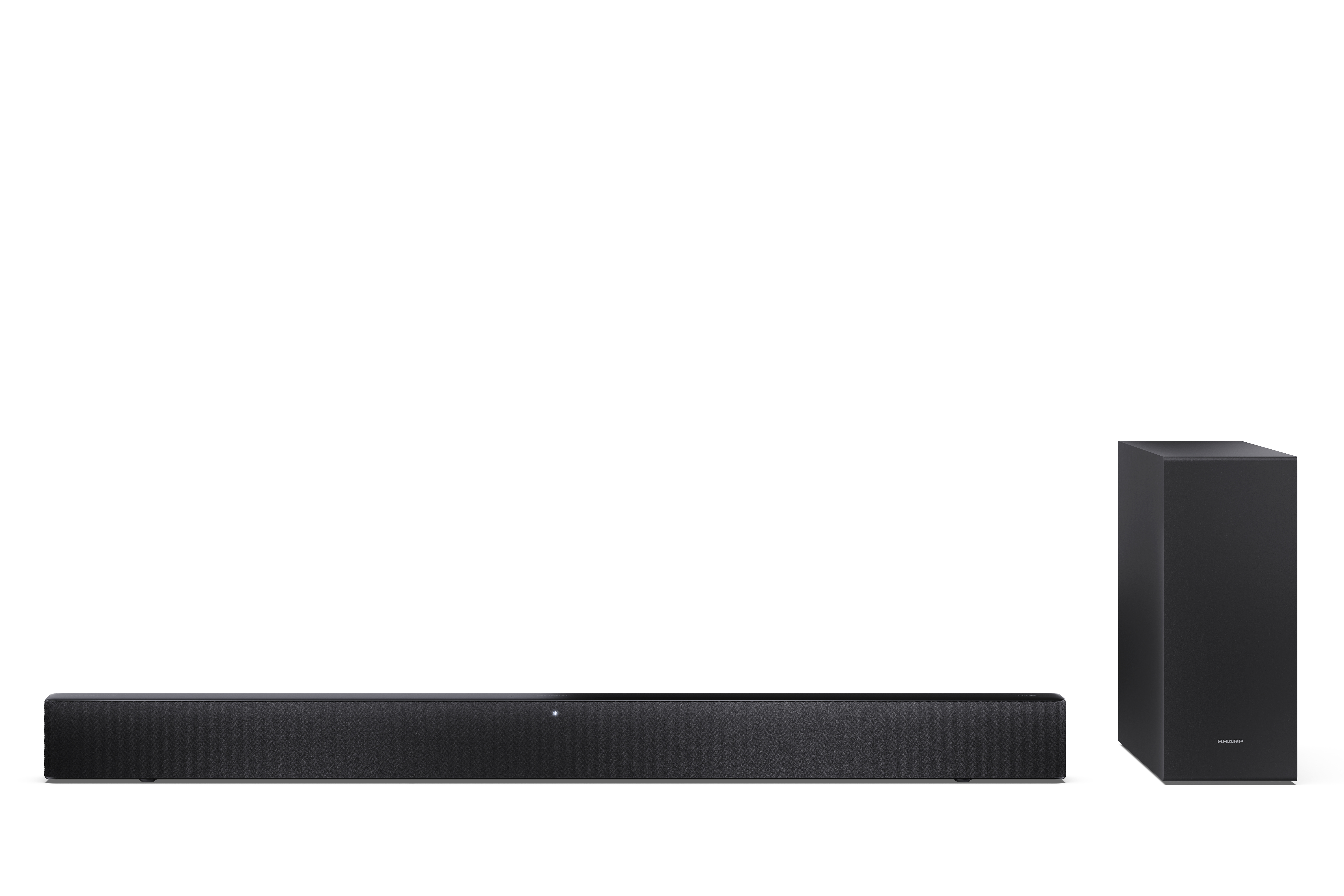 Egy fekete soundbar és egy fekete mélynyomó fehér háttérrel. A soundbar hosszú, a mélynyomó magas.
