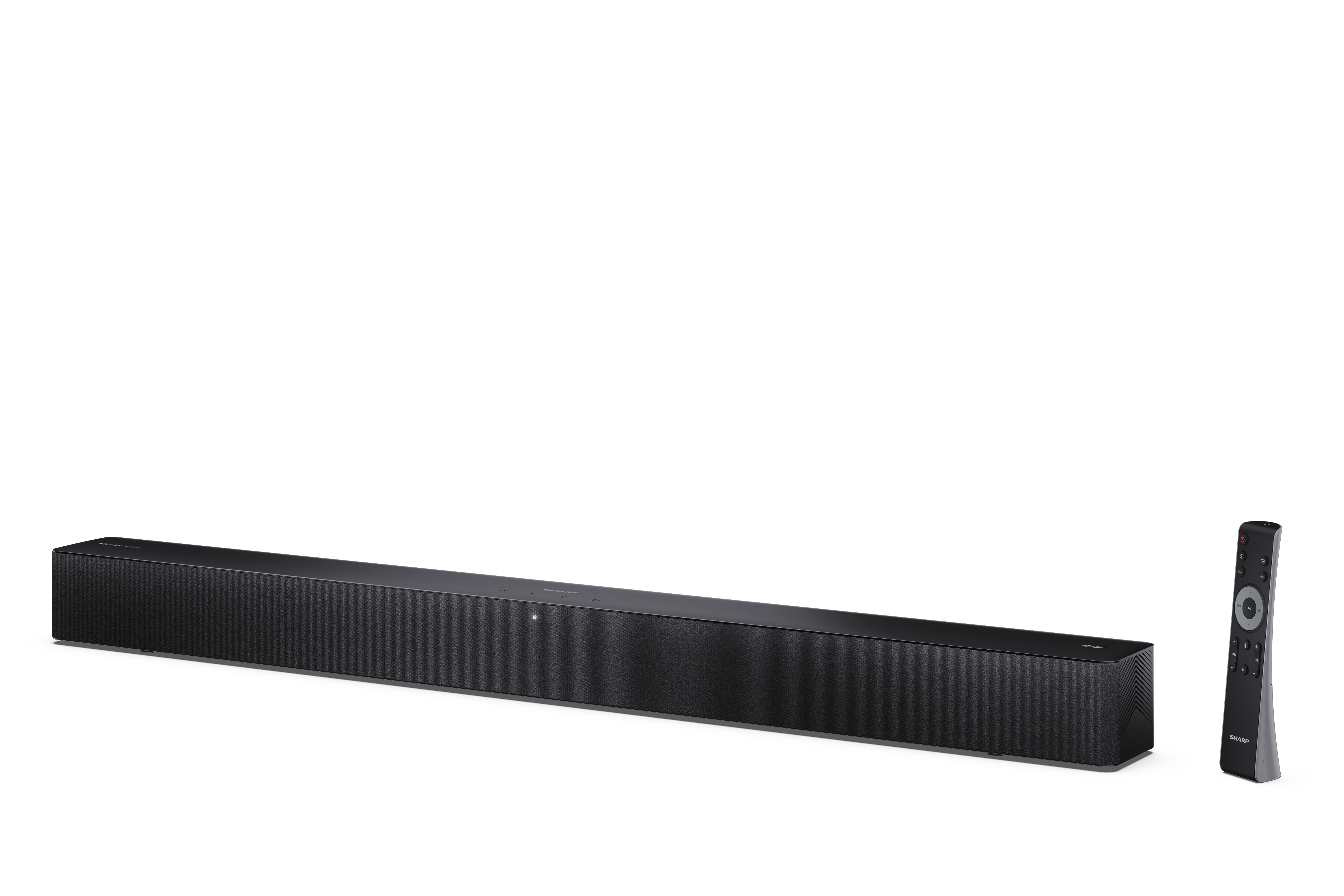 Egy fekete soundbar és egy távirányító fehér háttéren. A soundbar hosszú és téglalap alakú.
