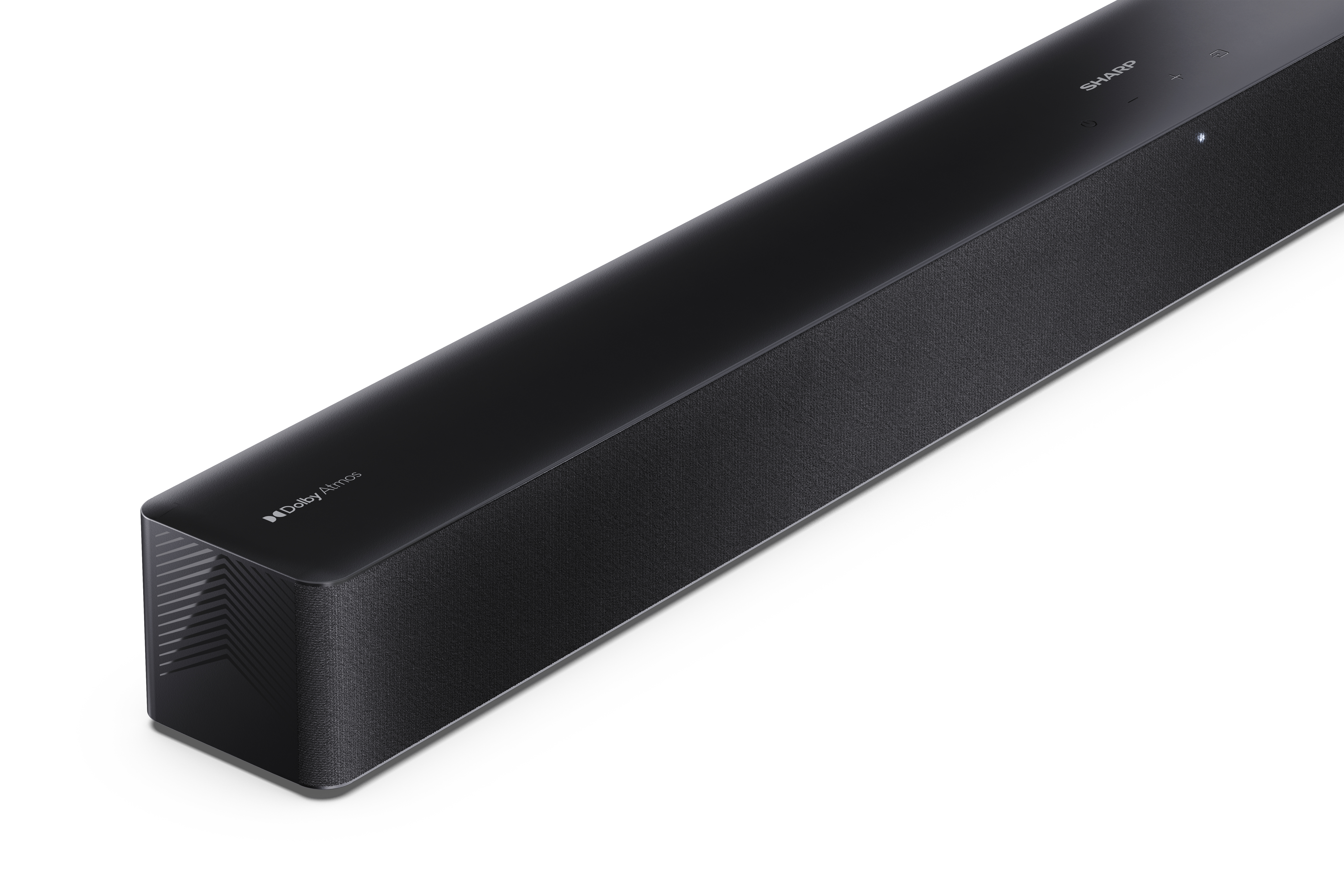 Egy fekete soundbar Dolby Atmos-szal és Sharp márkajelzéssel, fehér háttérrel. Hálós előlapja van.