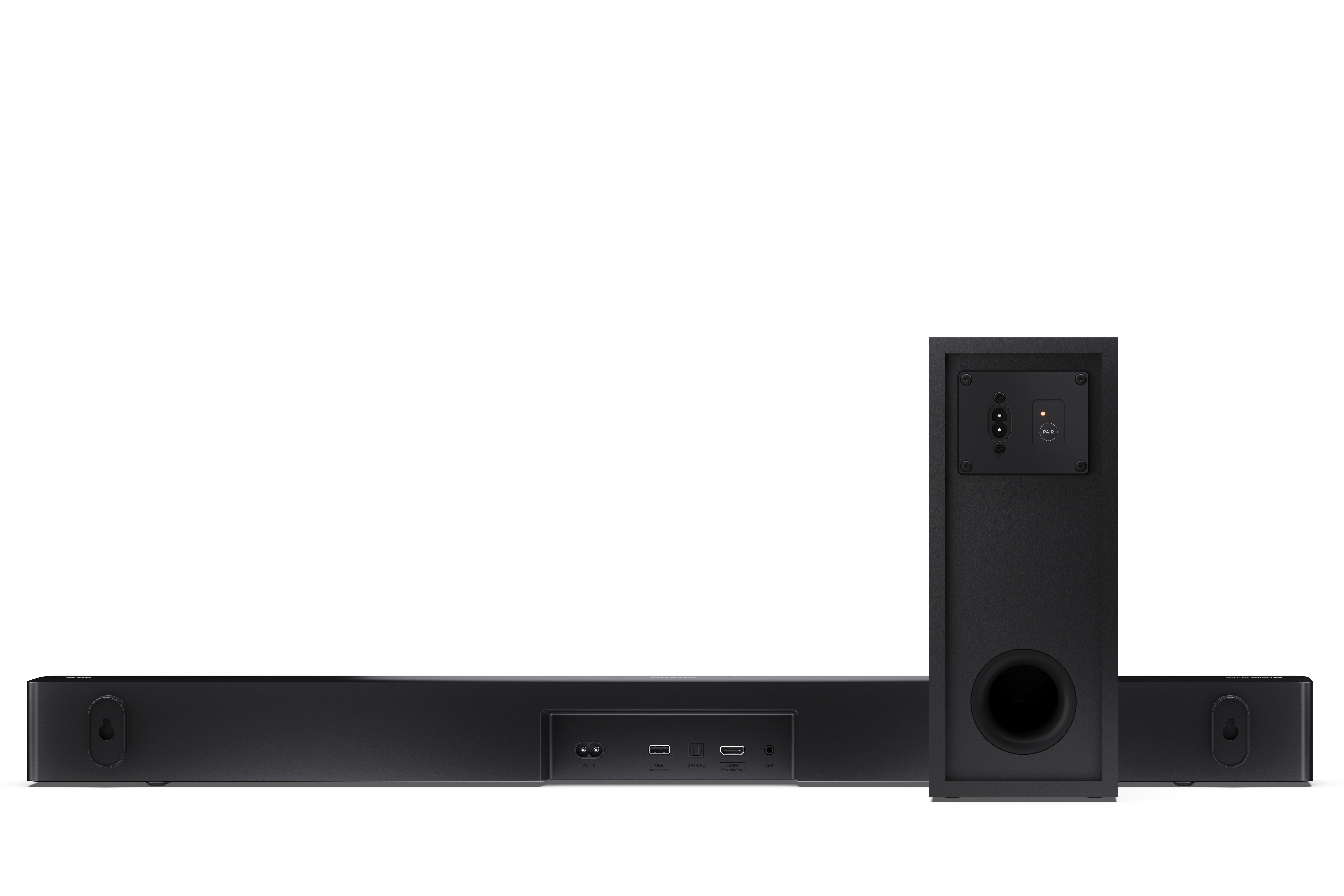 Fekete soundbar és mélynyomó készlet. A soundbar vízszintes, csatlakozókkal. A mélynyomó függőleges.