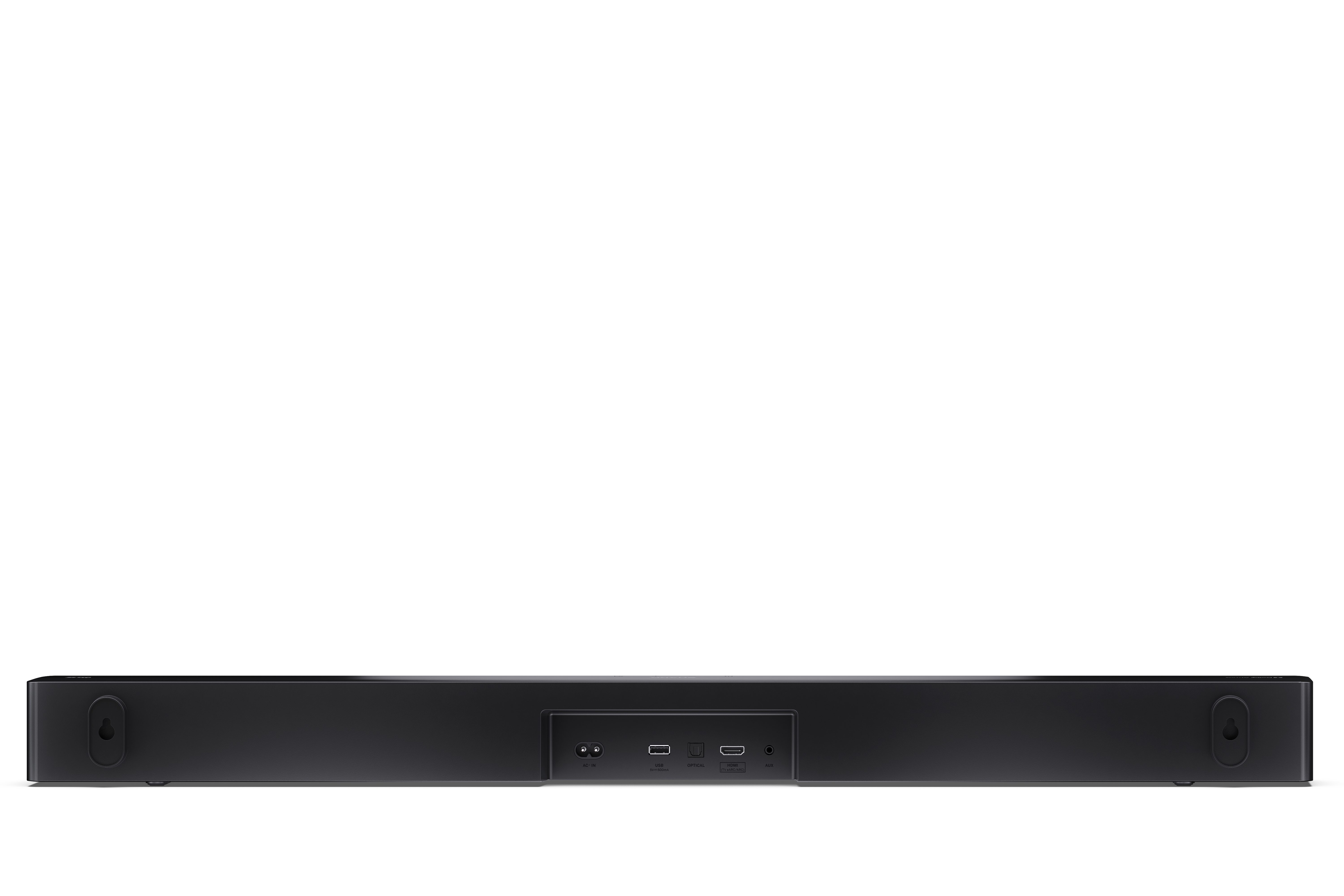 Fekete soundbar fehér háttéren. Több bemeneti portja van. A rögzítő furatok oldalt vannak.