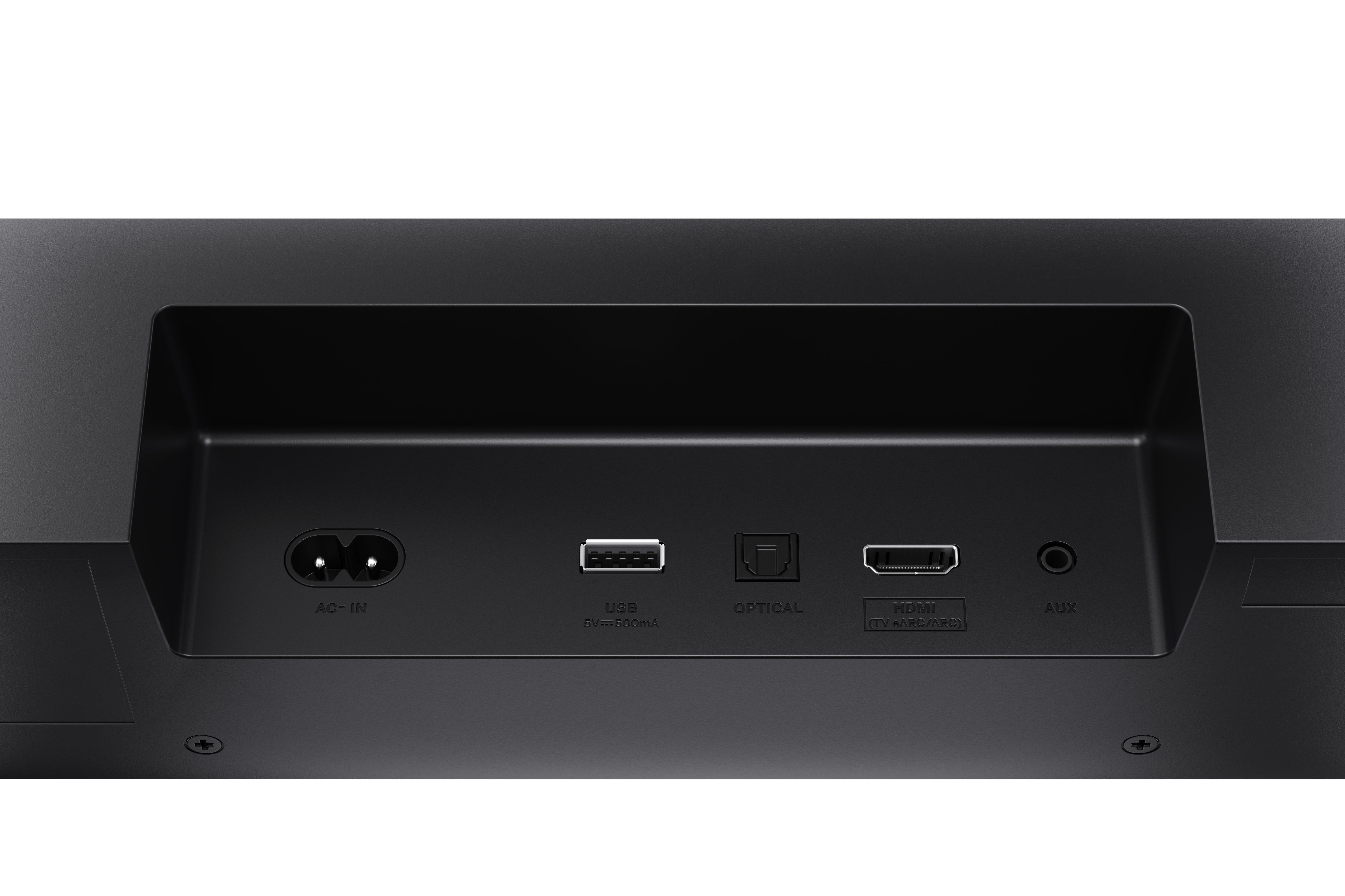 Fekete panel AC-IN, USB, OPTICAL, HDMI és AUX portokkal. Fehér háttér.