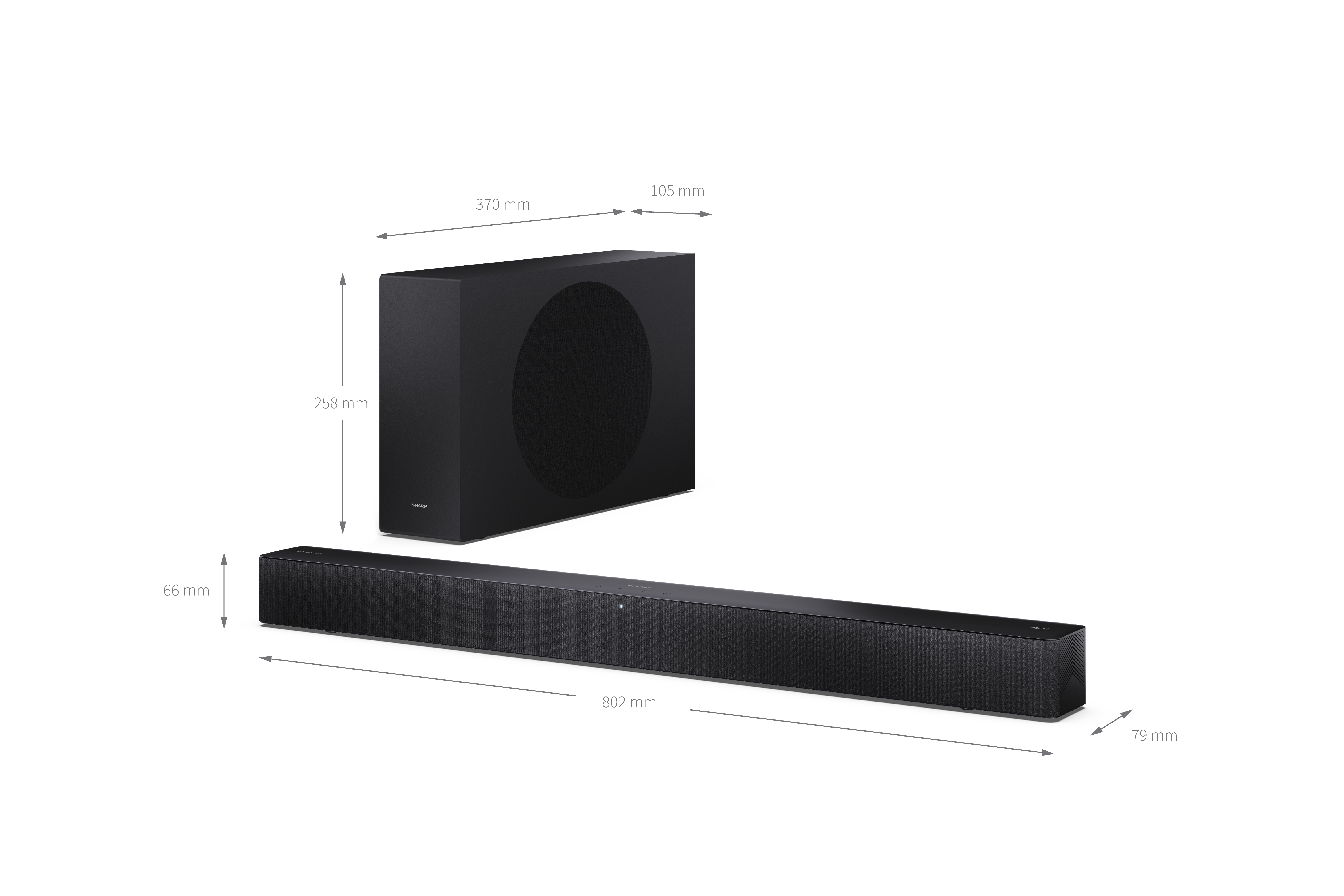 Fekete soundbar és mélynyomó fehér háttéren, méretekkel. A soundbar hosszú és vékony.