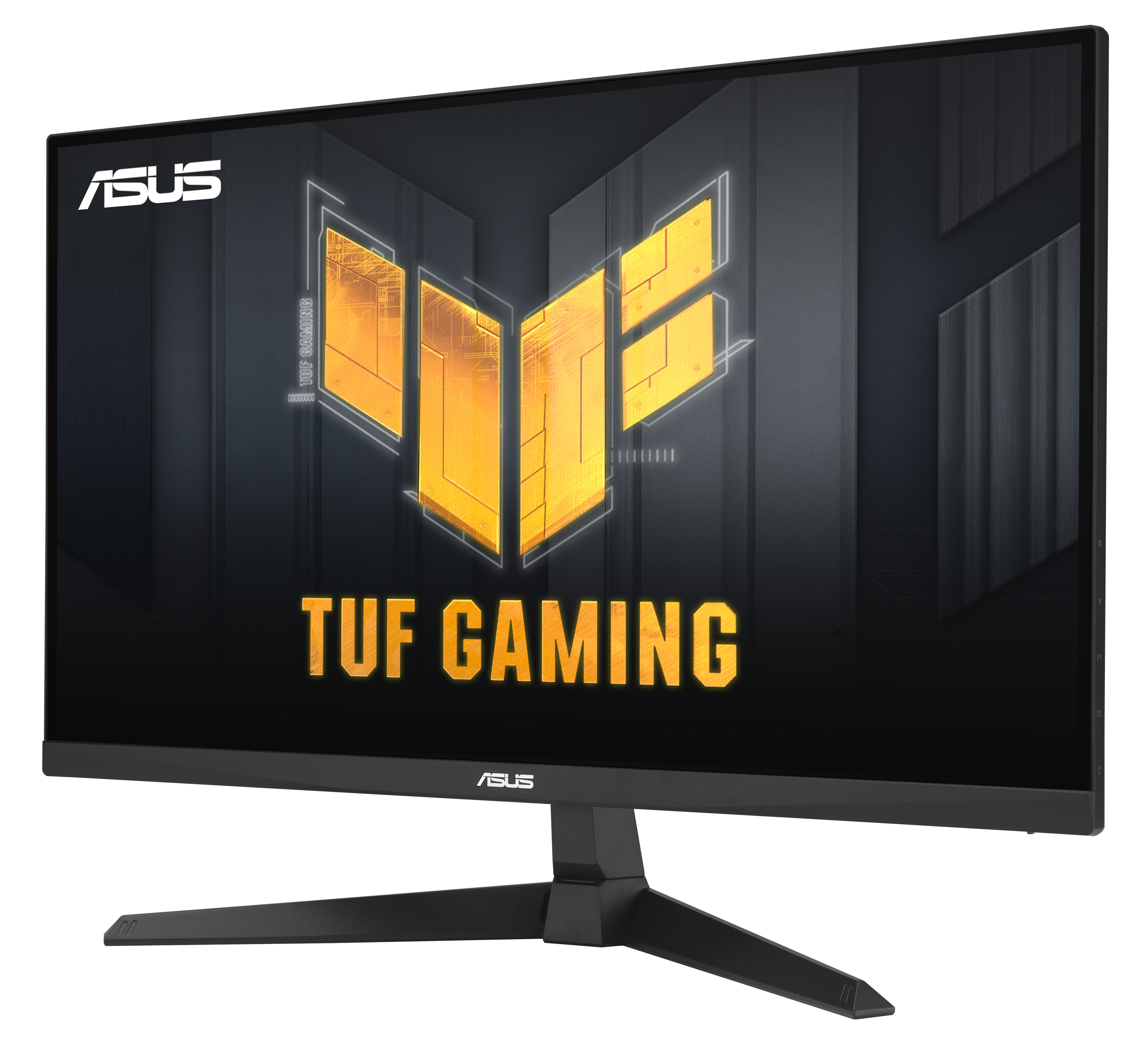 Monitor ASUS TUF Gaming. Czarna ramka, stojak. Ekran pokazuje żółte logo i tekst 'TUF GAMING' na ciemnym tle.