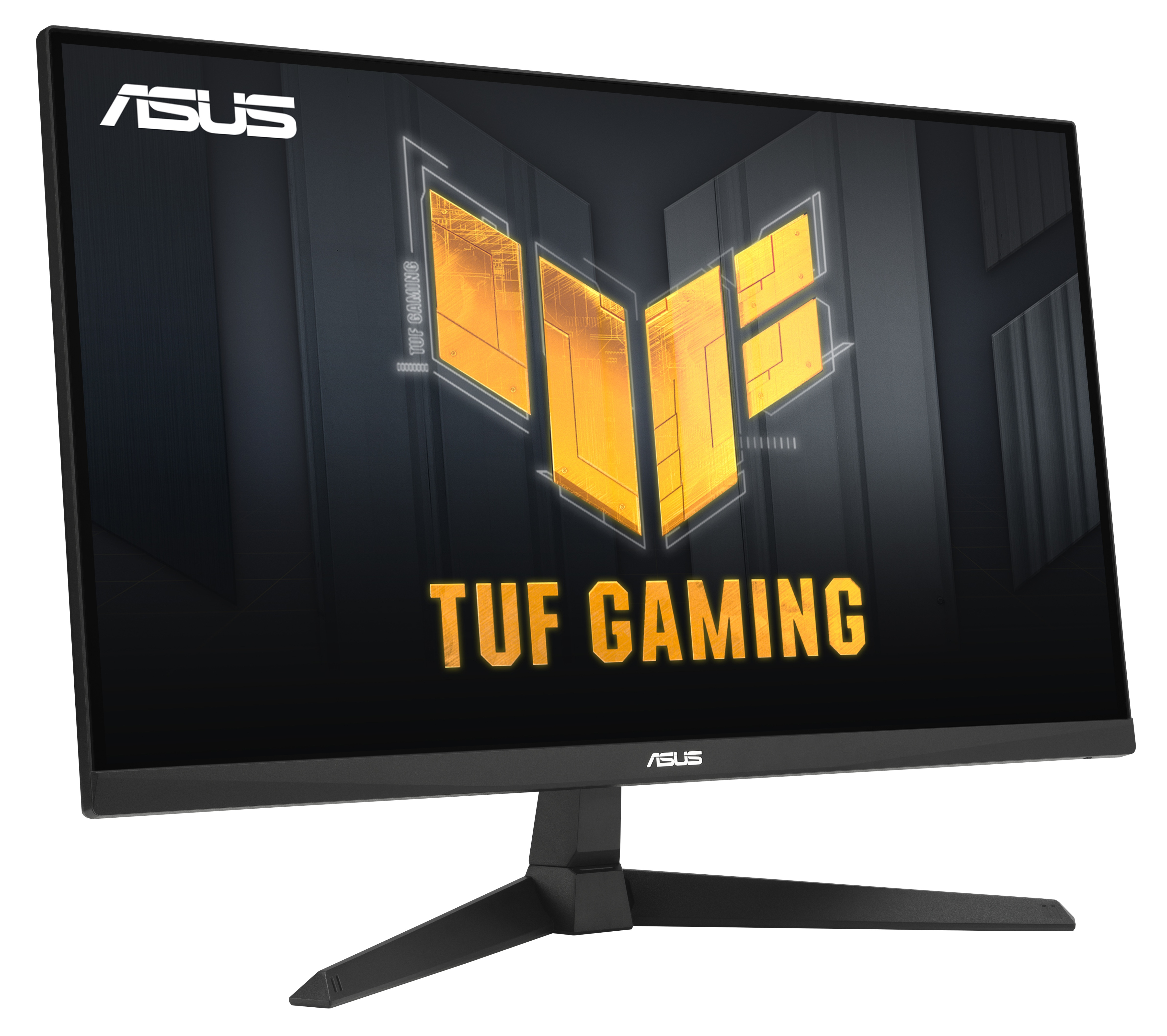 Monitor ASUS TUF Gaming. Czarna ramka, stojak. Ekran wyświetla żółto/pomarańczowe logo i tekst 'TUF GAMING'.