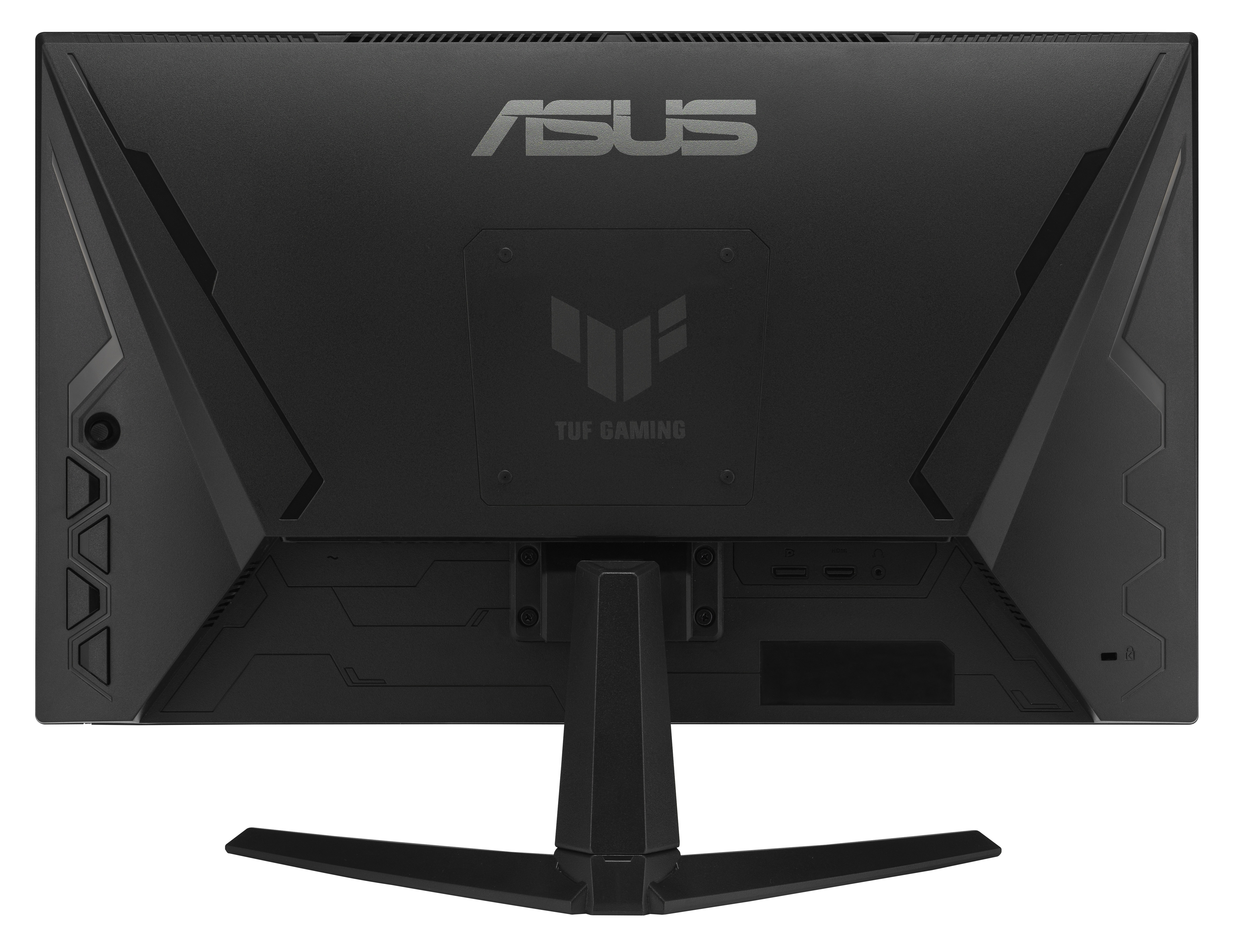 Tył czarnego monitora z logo ASUS i TUF GAMING, portami i stojakiem.