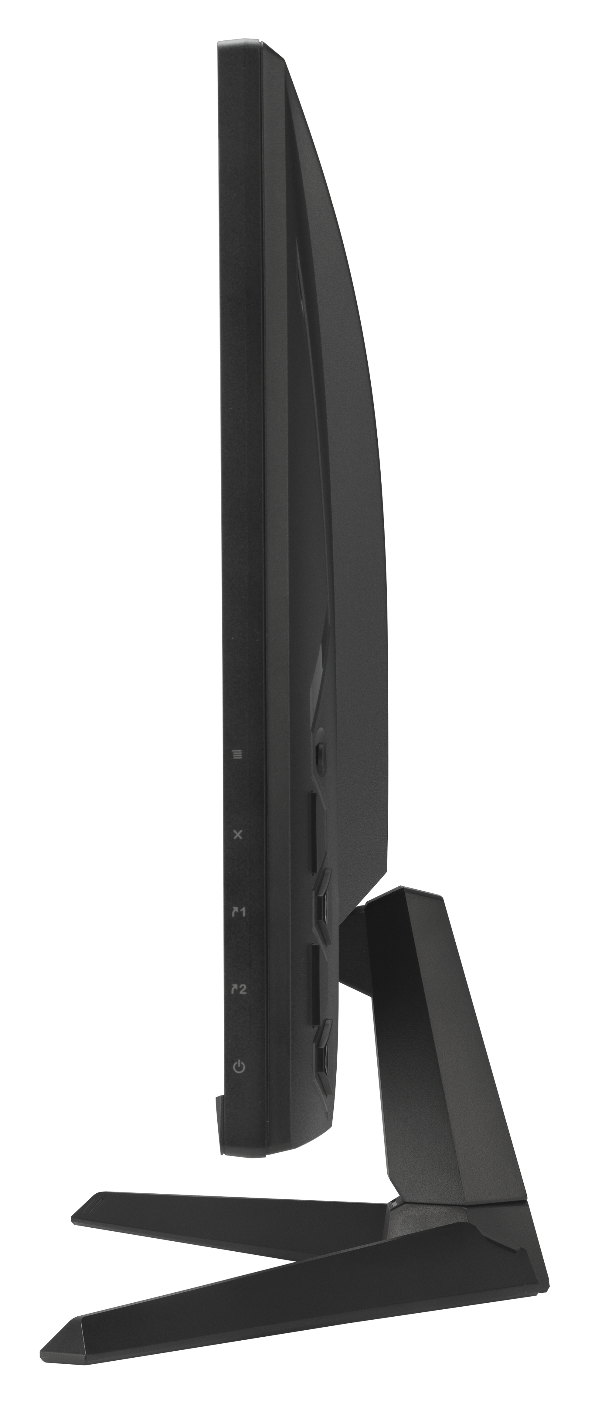Widok z boku czarnego monitora komputera. Ekran jest czarny, widoczne są przyciski i podstawa.