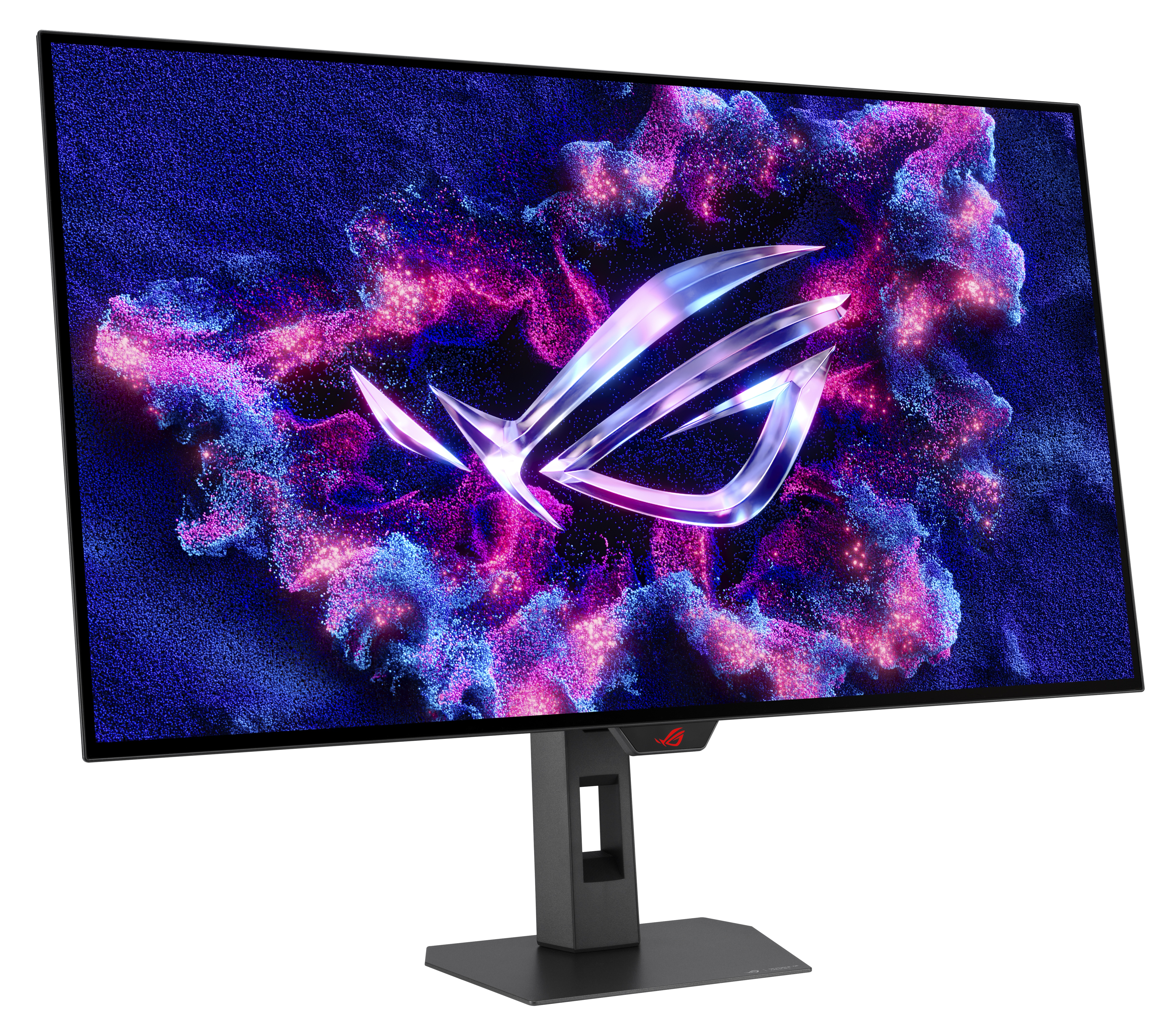 Monitor z logo ROG na ekranie. Wyświetlacz pokazuje niebieski i fioletowy abstrakcyjny design. Monitor stoi na czarnym stojaku.