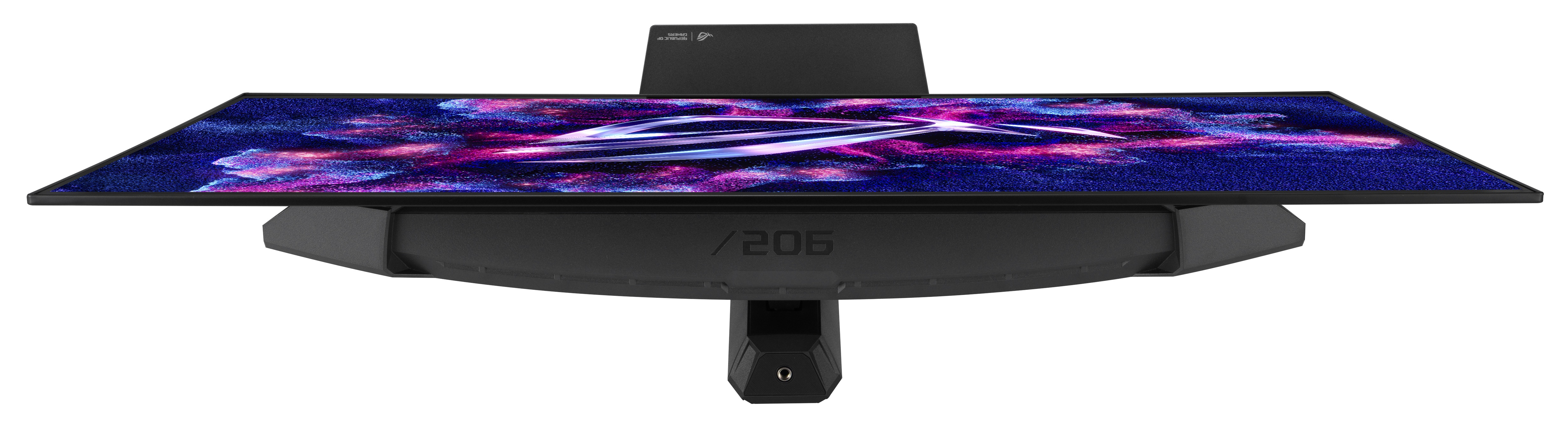 Zakrzywiony monitor z kolorowym wyświetlaczem, czarną ramką i podstawą z napisem /206. Białe tło.