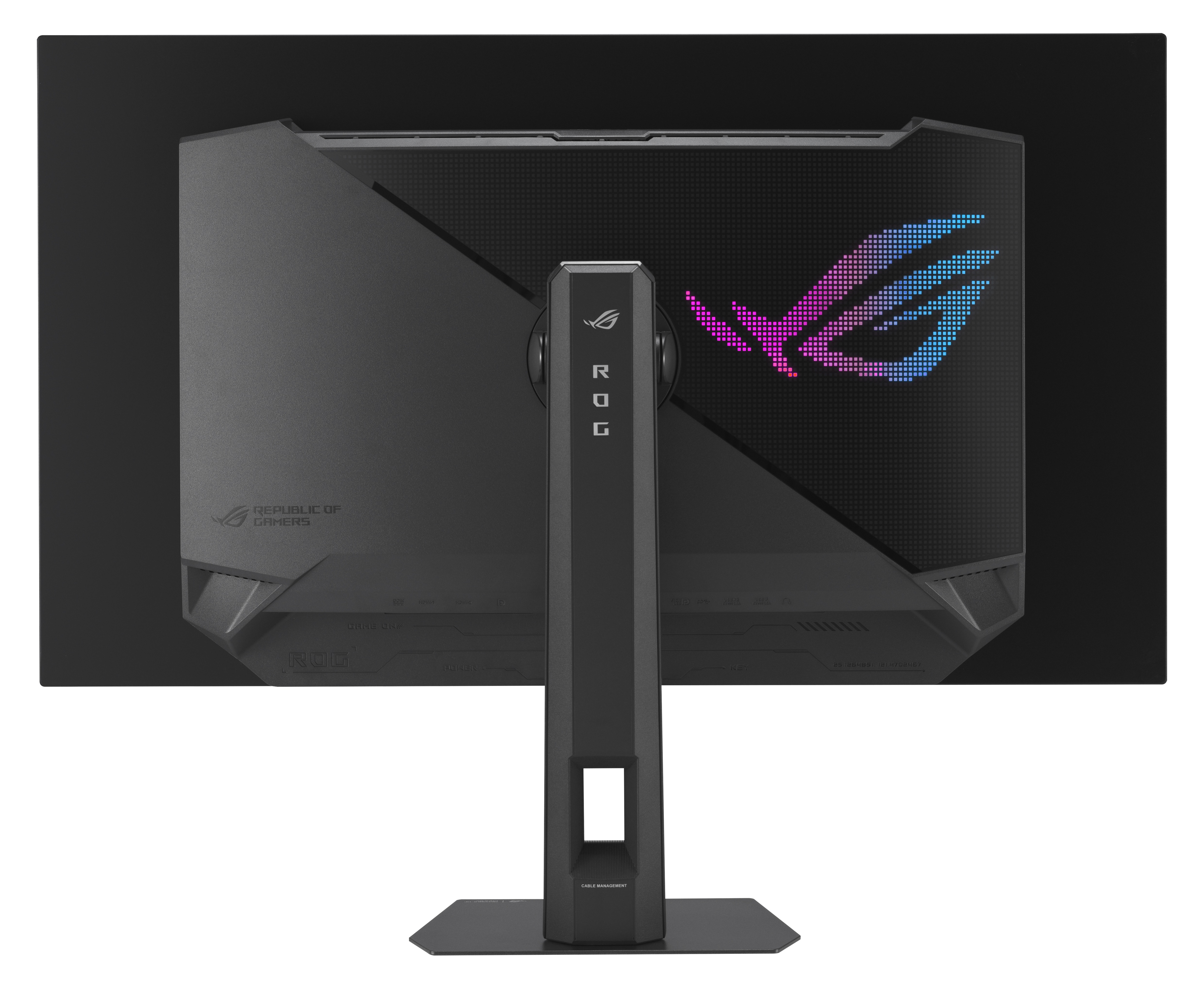 Tył czarnego monitora komputerowego. Ma podstawę, logo i porty. Logo ROG jest kolorowe.