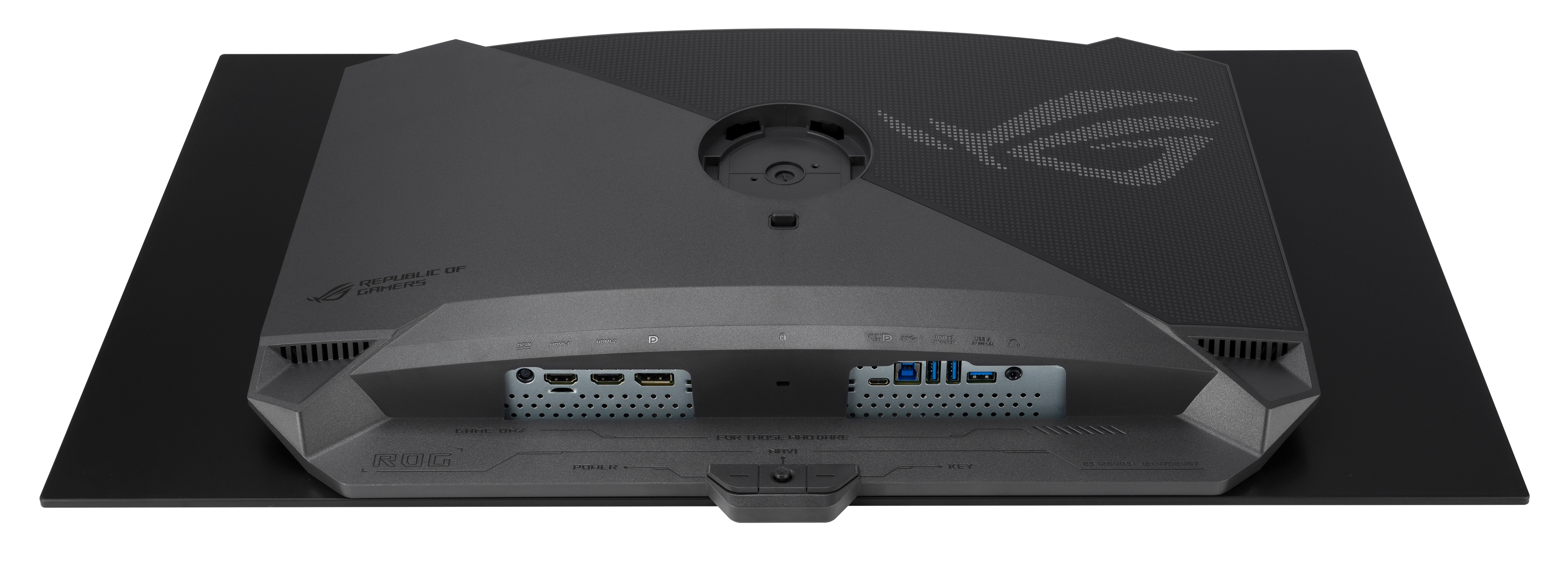 Tył czarnego monitora komputerowego. Ma porty, logo ROG i napis 'Republic of Gamers'.
