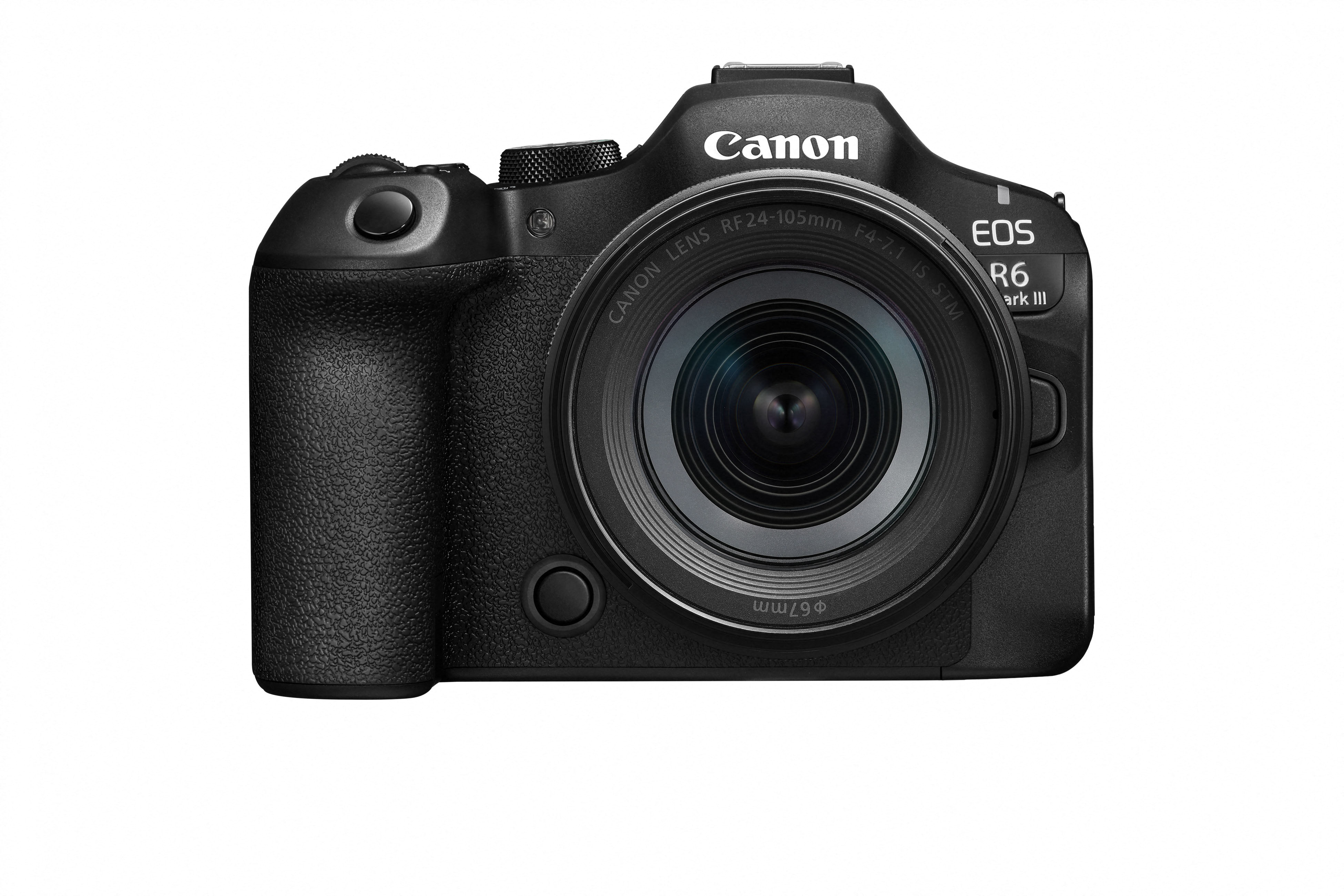 Schwarze Canon EOS R6 Mark III Kamera mit Objektiv. Canon-Logo sichtbar. Der Hintergrund ist weiß.