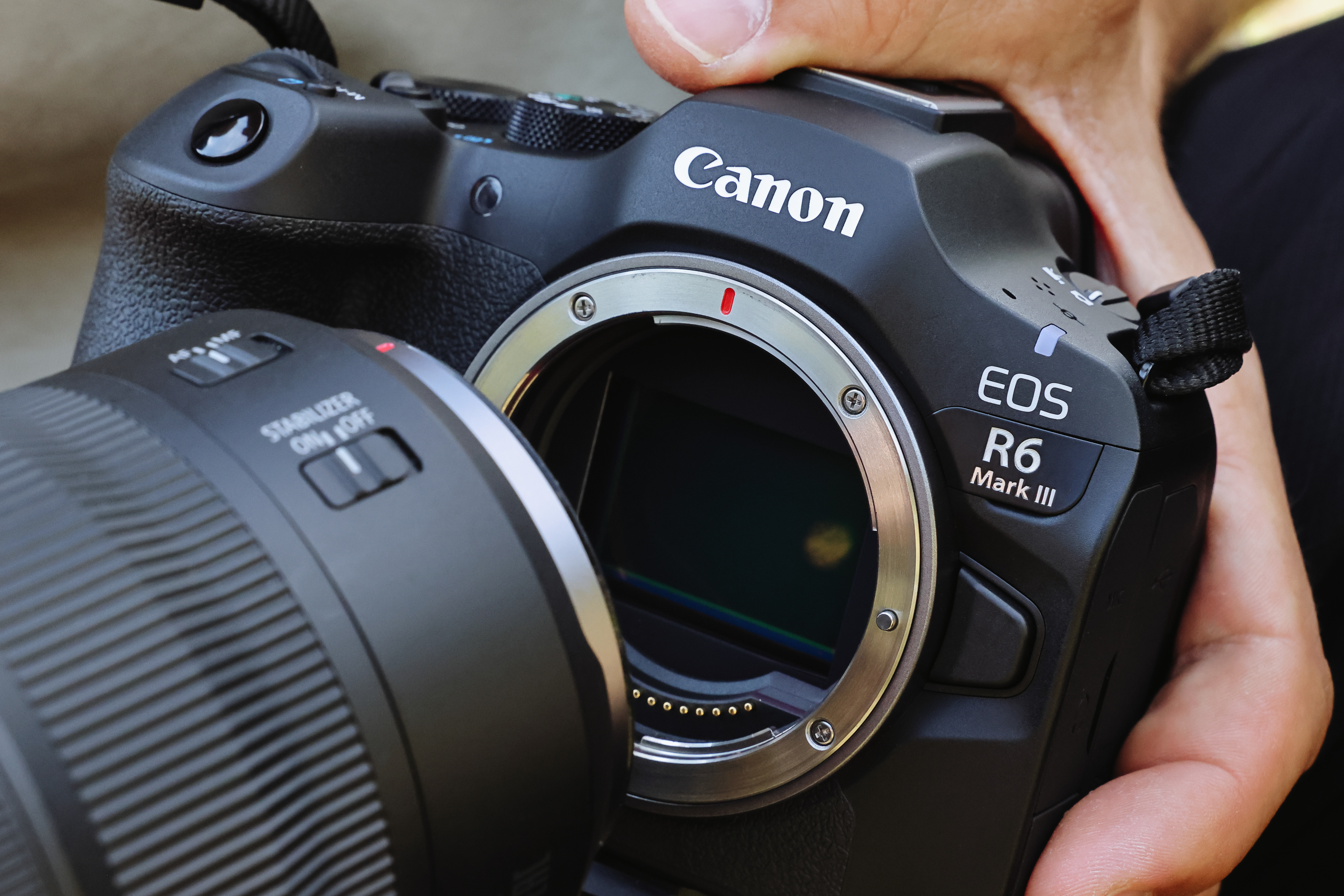 Eine Canon EOS R6 Mark III Kamera mit Objektiv. Eine Hand hält die Kamera. Das Objektiv ist schwarz, der Körper ist schwarz.