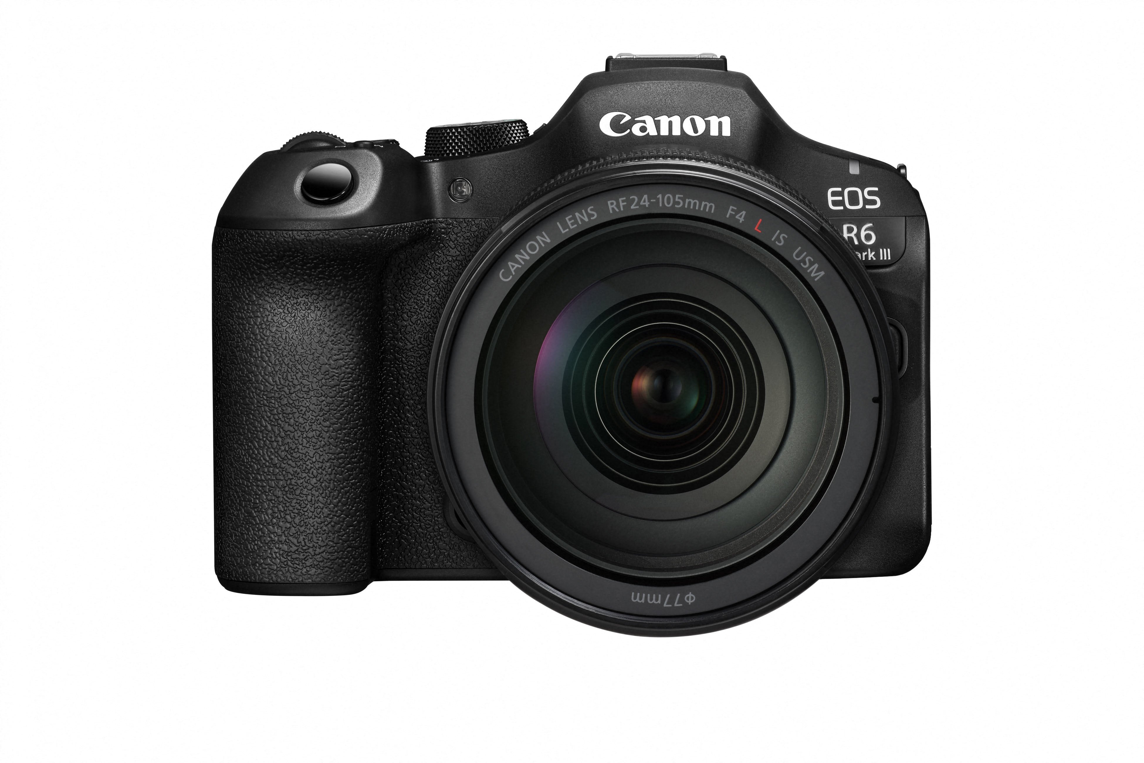 Schwarze Canon EOS R6 Mark III Kamera mit Objektiv, Canon-Logo und verschiedenen Rädern und Knöpfen, auf weißem Hintergrund.