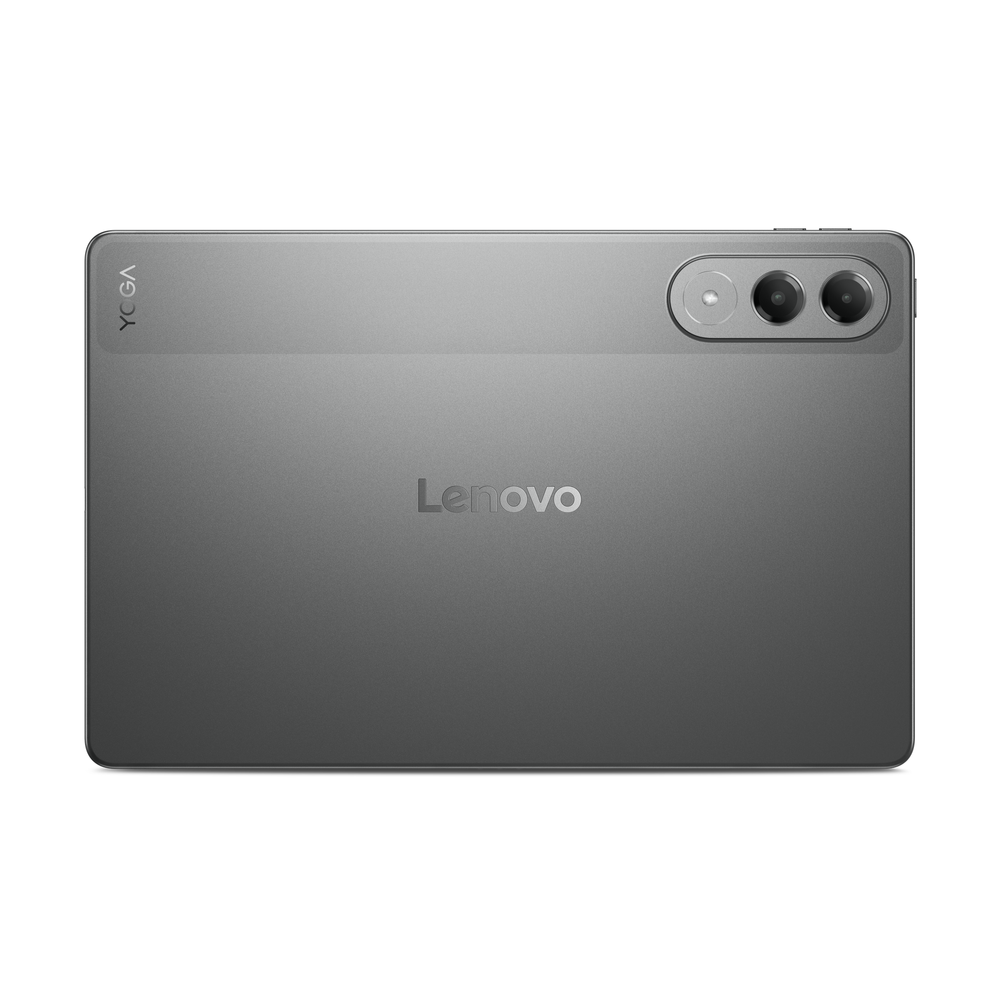 Siyah zemin üzerinde Yoga markası ve üçlü kamera kurulumuna sahip gri bir Lenovo tablet.