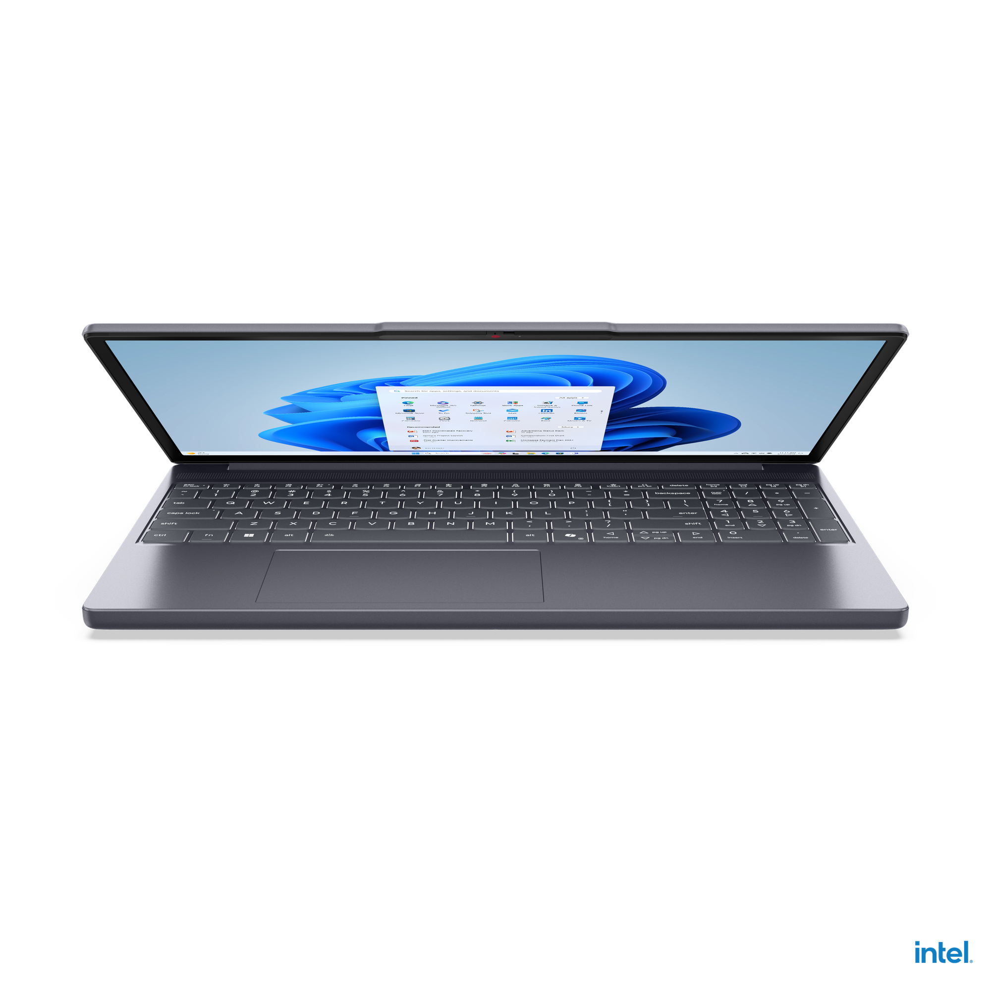 Siyah arka plan üzerinde açık dizüstü bilgisayar. Ekran, Windows başlangıç menüsünü gösteriyor. Klavye görünür durumda. Sağ altta Intel logosu.
