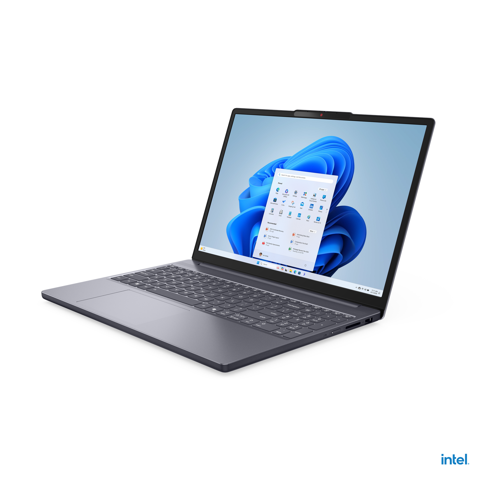 Siyah arka plan üzerinde bir dizüstü bilgisayar. Ekran, Windows 11 arayüzünü gösteriyor. Intel logosu sağ altta.