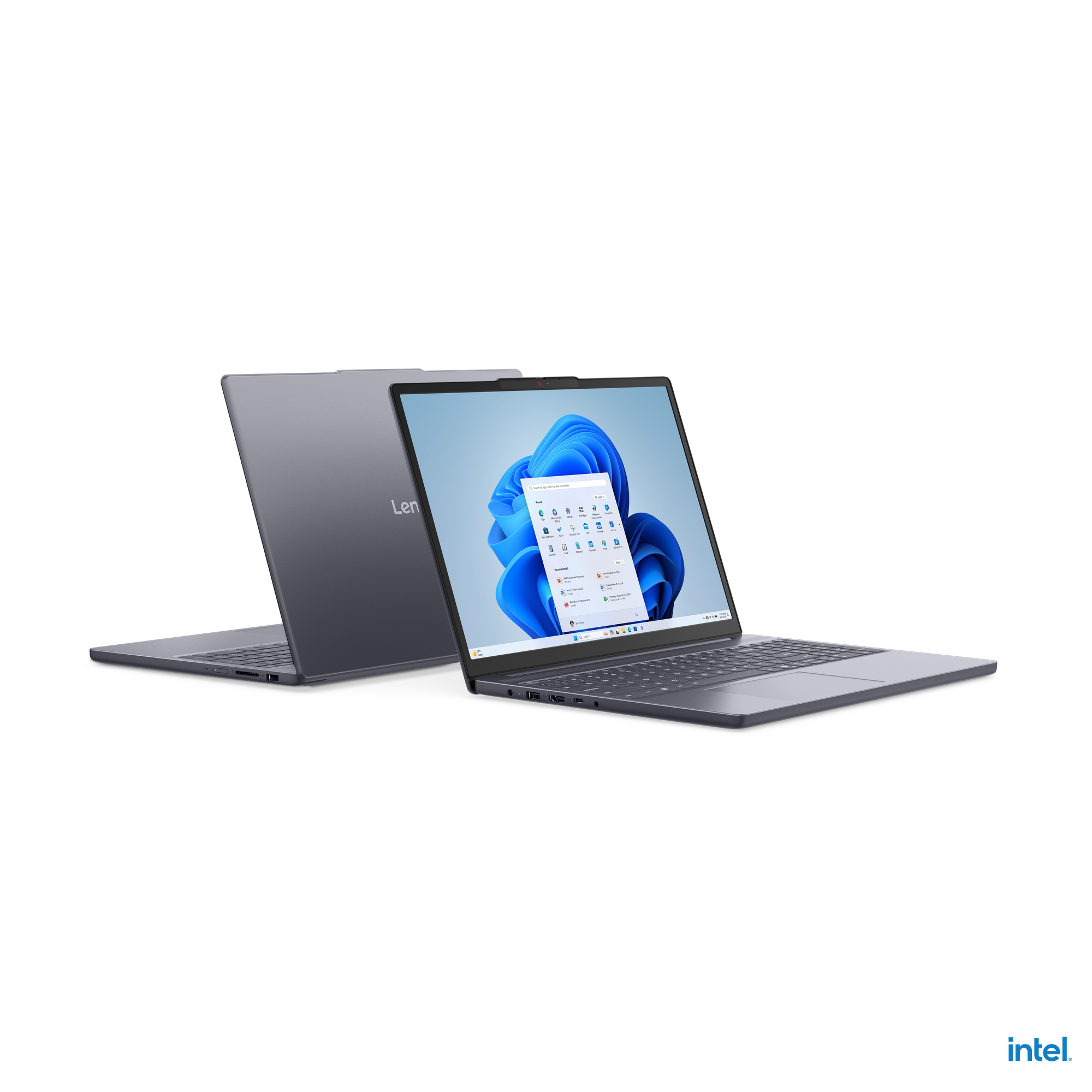 Siyah zemin üzerinde iki gri dizüstü bilgisayar. Biri açık, Windows 11 arayüzünü gösteriyor. Intel logosu sağ altta.