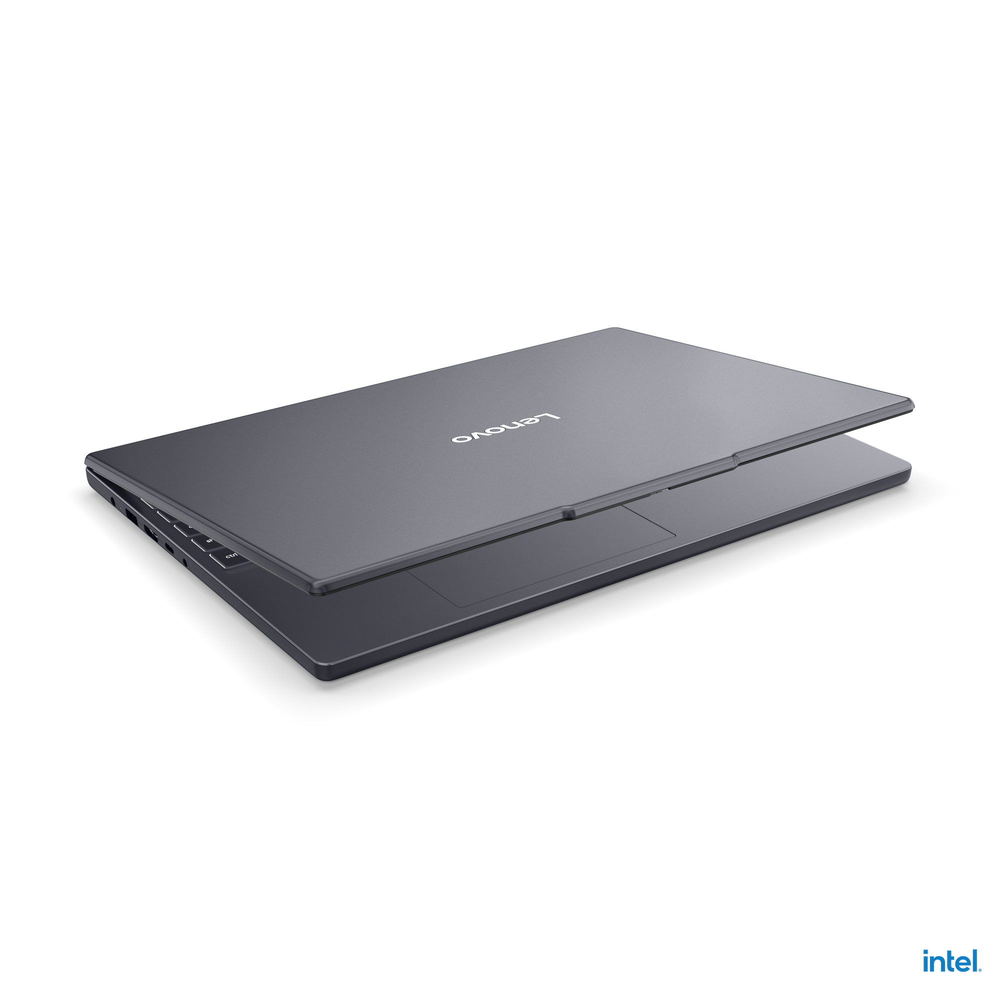 Siyah zemin üzerinde hafif açık, koyu gri bir Lenovo dizüstü bilgisayar. Sağ altta Intel logosu.