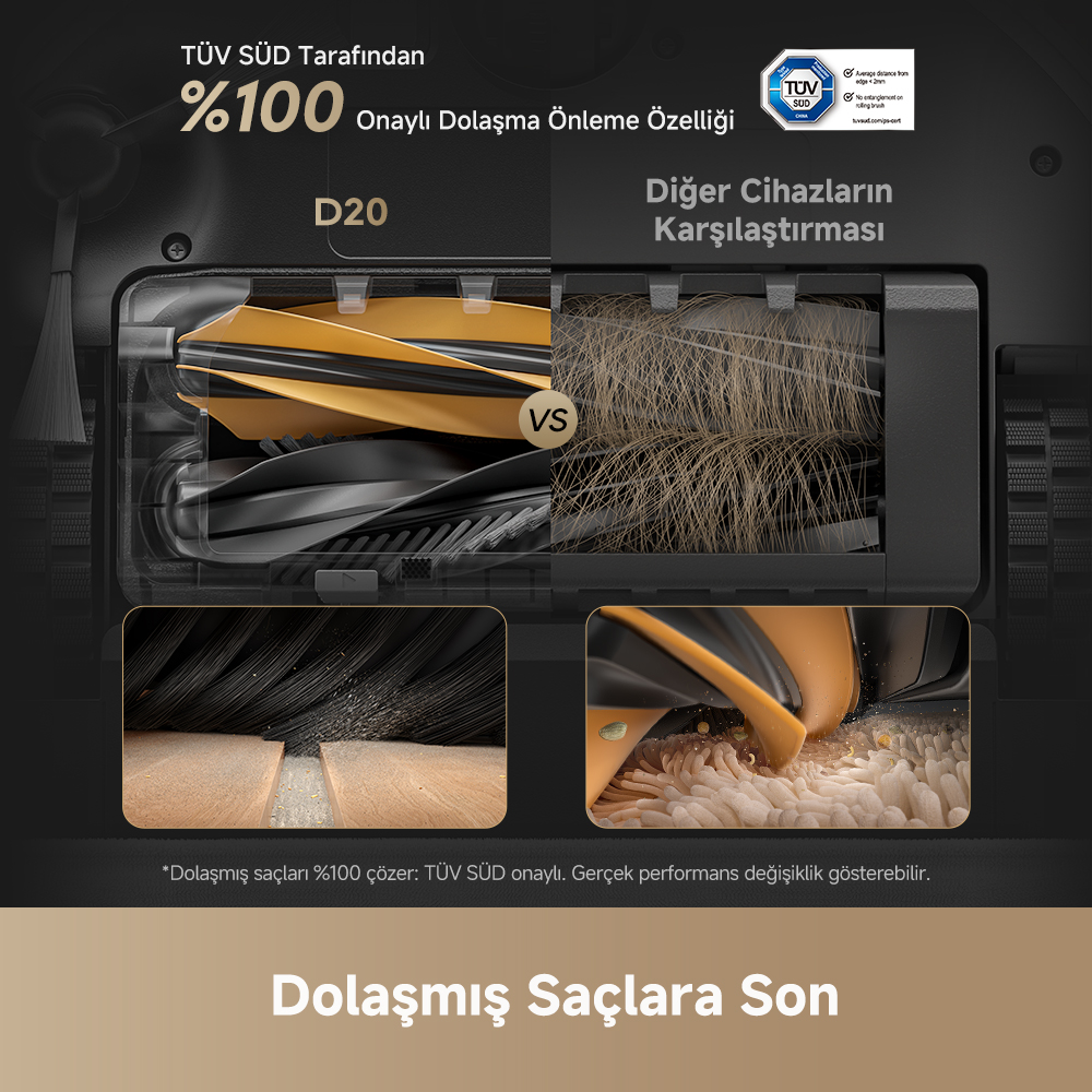 Görselde elektrik süpürgesi parçaları gösteriliyor. Sol taraf temiz fırçalara, sağ taraf ise dolaşmış saçlara sahip. Metin: Artık dolaşmış saç yok.