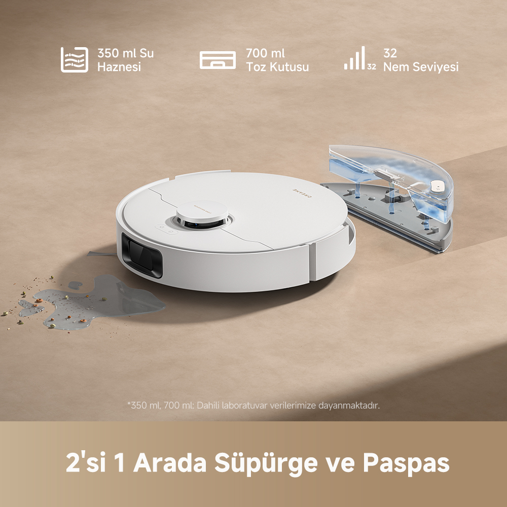 Beyaz bir robot süpürge, su tankı ve görüntülenen özelliklerle. Metin 2'si 1 Arada Süpürge ve Paspas.