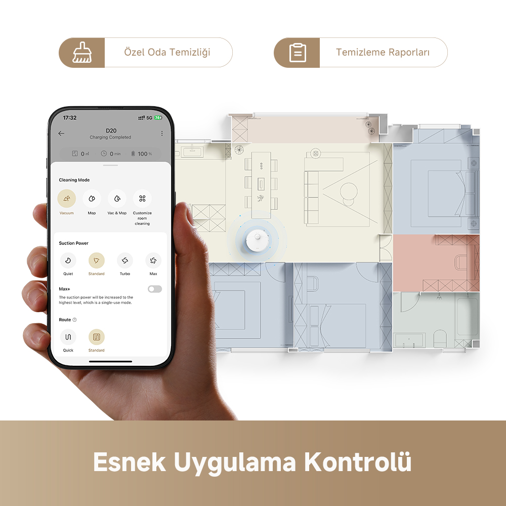 Bir el, bir temizlik uygulaması arayüzünü gösteren bir telefon tutuyor. Bir robot süpürge, bir kat planında. Uygulama, farklı temizleme modlarını ve ayarlarını gösterir.
