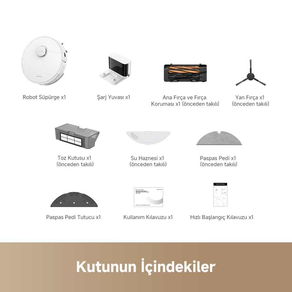Görselde robot süpürge parçaları: süpürge, şarj istasyonu, fırçalar, toz kutusu, su deposu, paspas ve kılavuzlar gösterilmektedir. Tüm bileşenler.