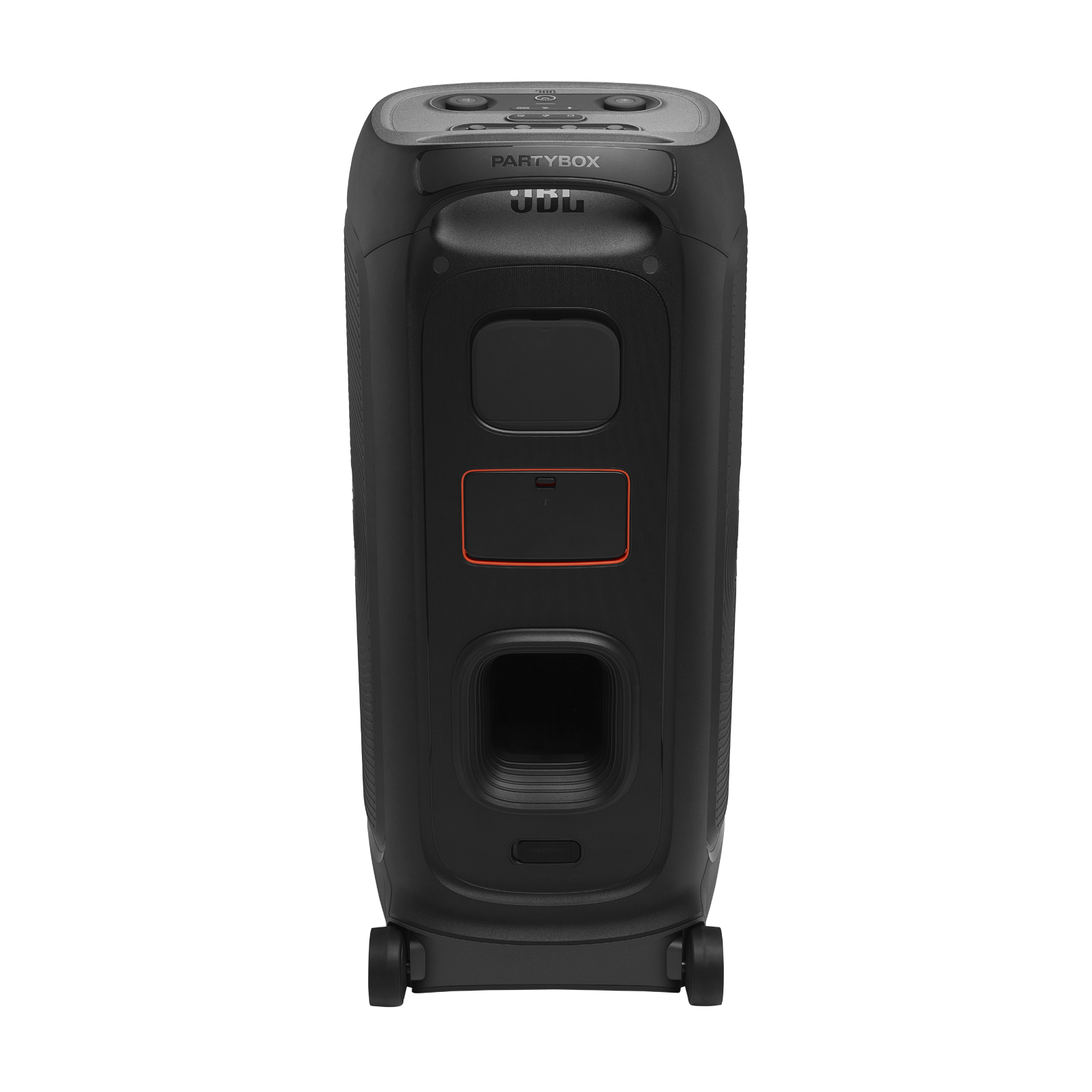 Siyah JBL PartyBox hoparlör. Tekerlekleri ve üstte kontrol paneli var. Kırmızı çerçeveli bir kontrol paneline sahip.