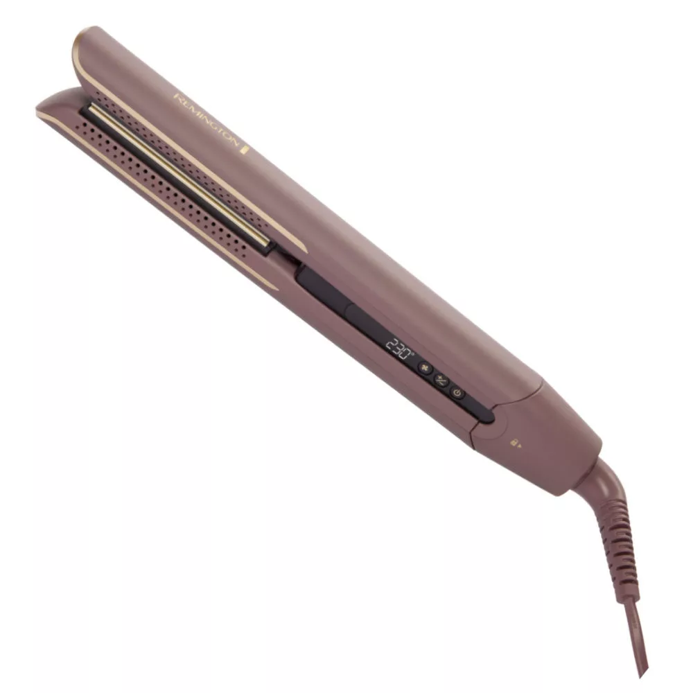 Mauve renkli bir Remington saç düzleştirici. Sıcaklığı gösteren dijital ekranı, çeşitli düğmeleri ve bir güç kablosu var.