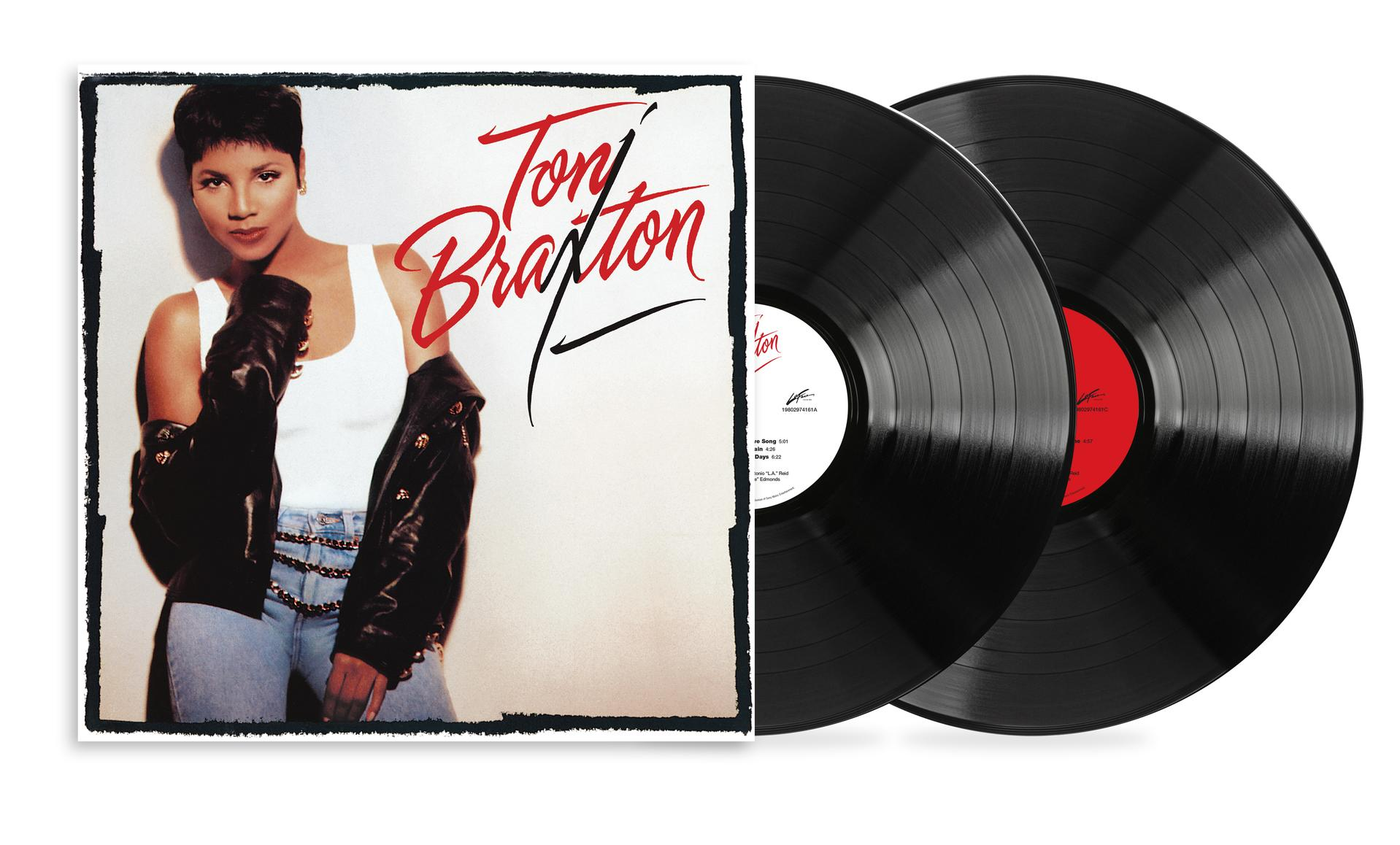 Albumcover mit Sängerin Tony Braxton in Lederjacke. Rechts zwei Schallplatten.