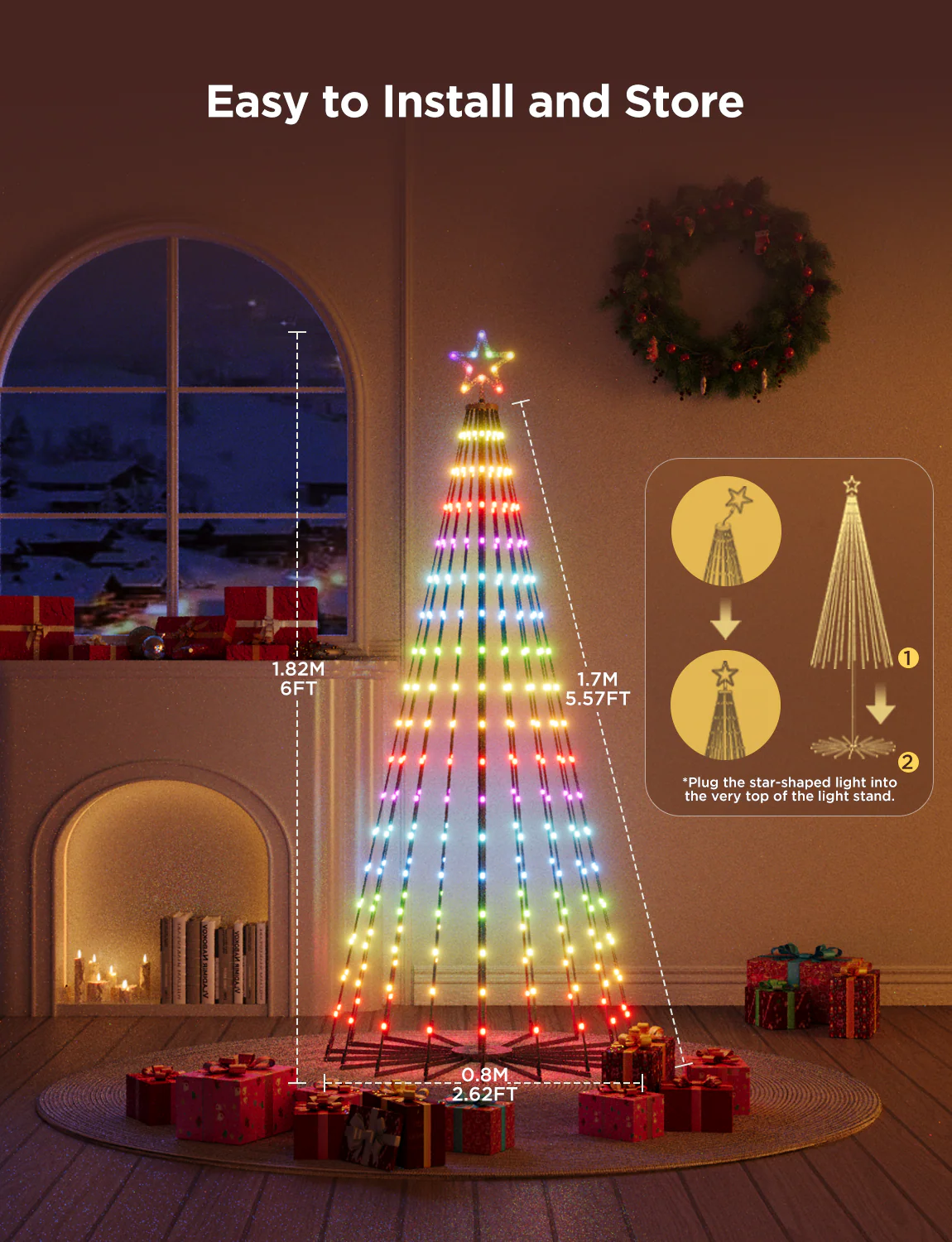 Ein beleuchteter Weihnachtsbaum mit bunten Lichtern, Geschenken um die Basis. Ein Stern oben drauf. Anweisungen zum Aufbau.