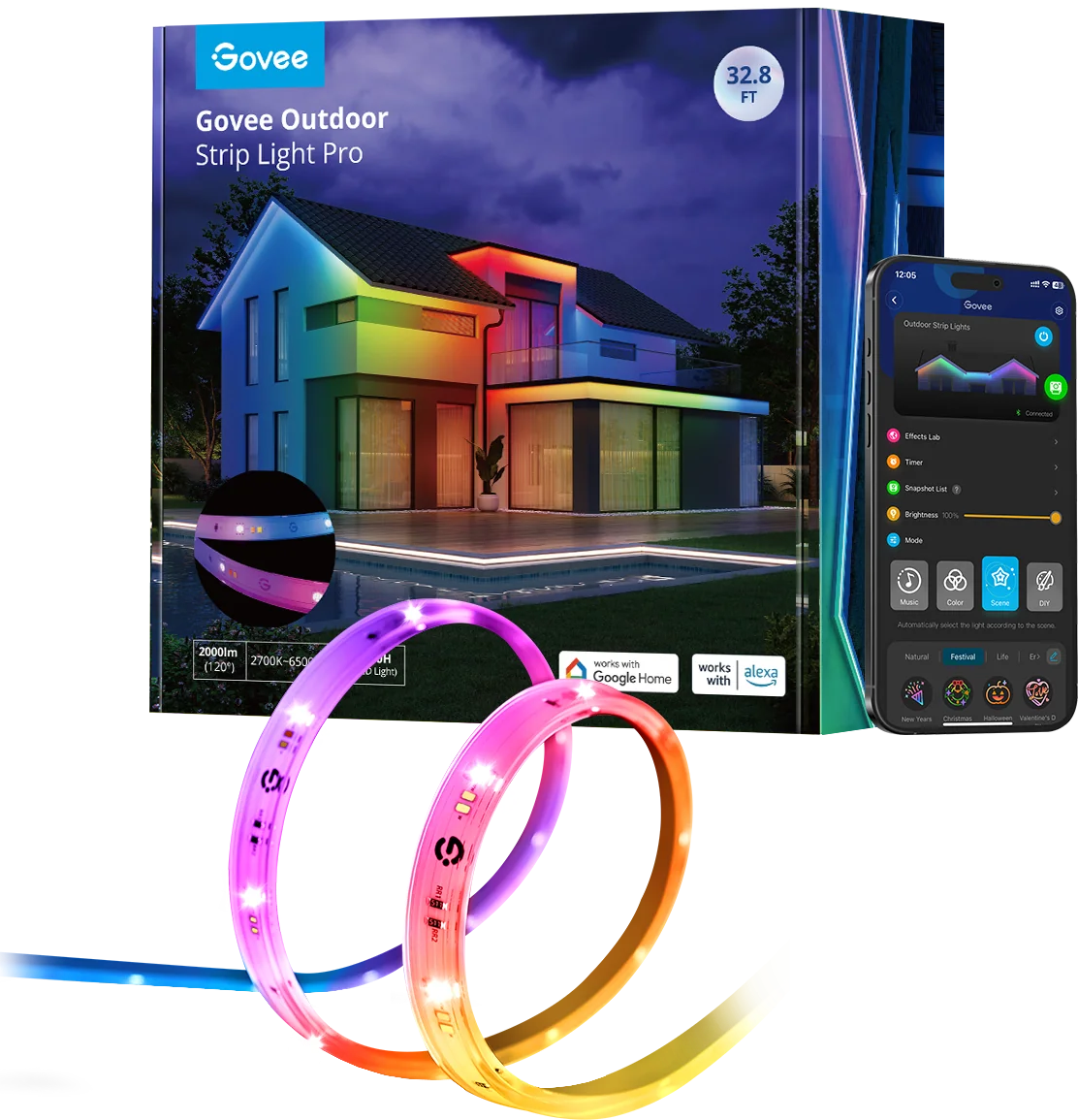 Govee-Outdoor-Streifenlichter, Karton mit Hausbild, Smartphone-App und bunten Lichtstreifen.