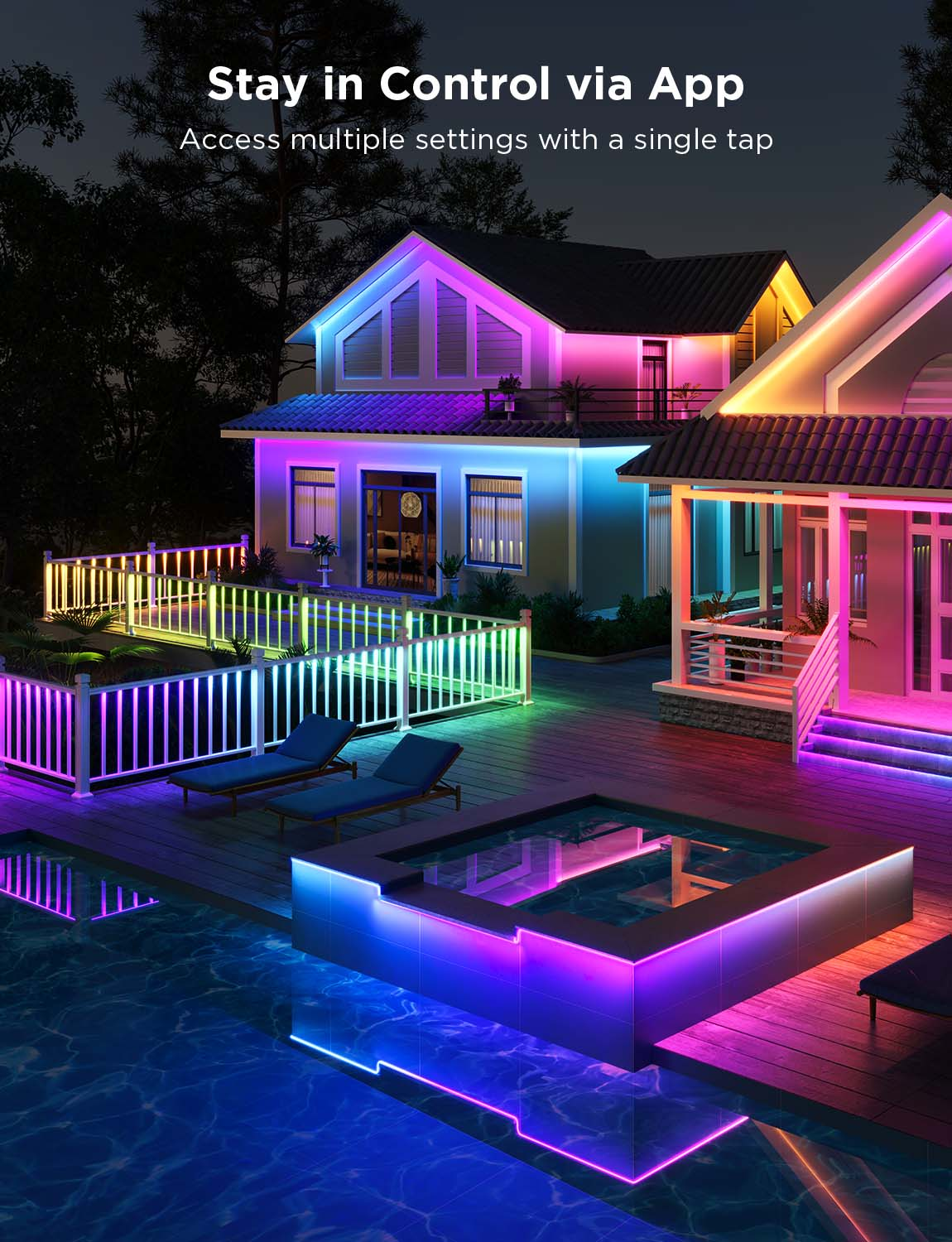 Ein Haus mit bunten Lichtern, einem Pool und Liegestühlen. Die Lichter sind lila, blau und gelb.