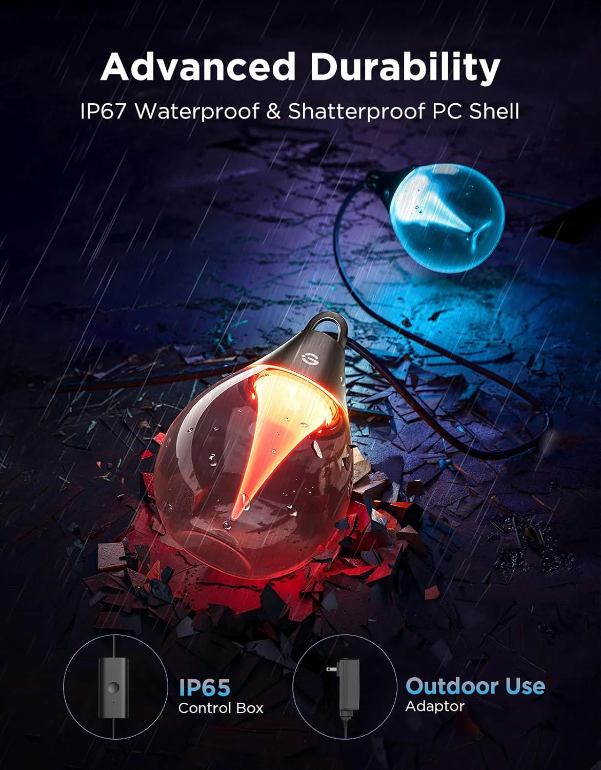 Das Bild zeigt eine leuchtende Glühbirne, eine IP65-Steuerbox und einen Adapter für den Außenbereich. Der Text lautet 'Advanced Durability' und 'IP67 Waterproof'.
