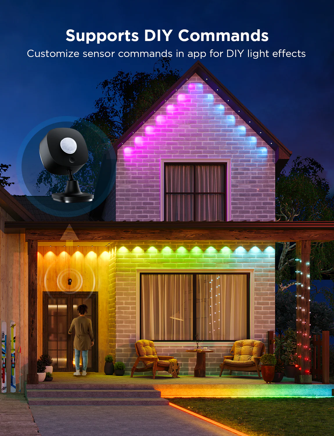 Haus mit bunten Lichtern, eine Person an der Tür und eine Überwachungskamera. Die Lichter erzeugen eine einladende Atmosphäre.