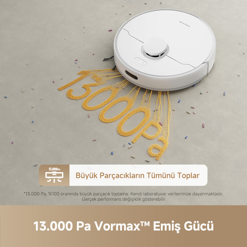 Altın tozundan yazılmış "13000Pa" kelimesiyle beyaz bir robot süpürge. Daha büyük parçacıkları topluyor.