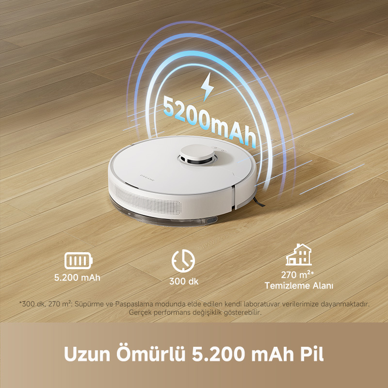 Ahşap zeminde beyaz bir robot süpürge, 5200mAh grafiği ve pil ömrü ve temizleme alanı hakkında metin.