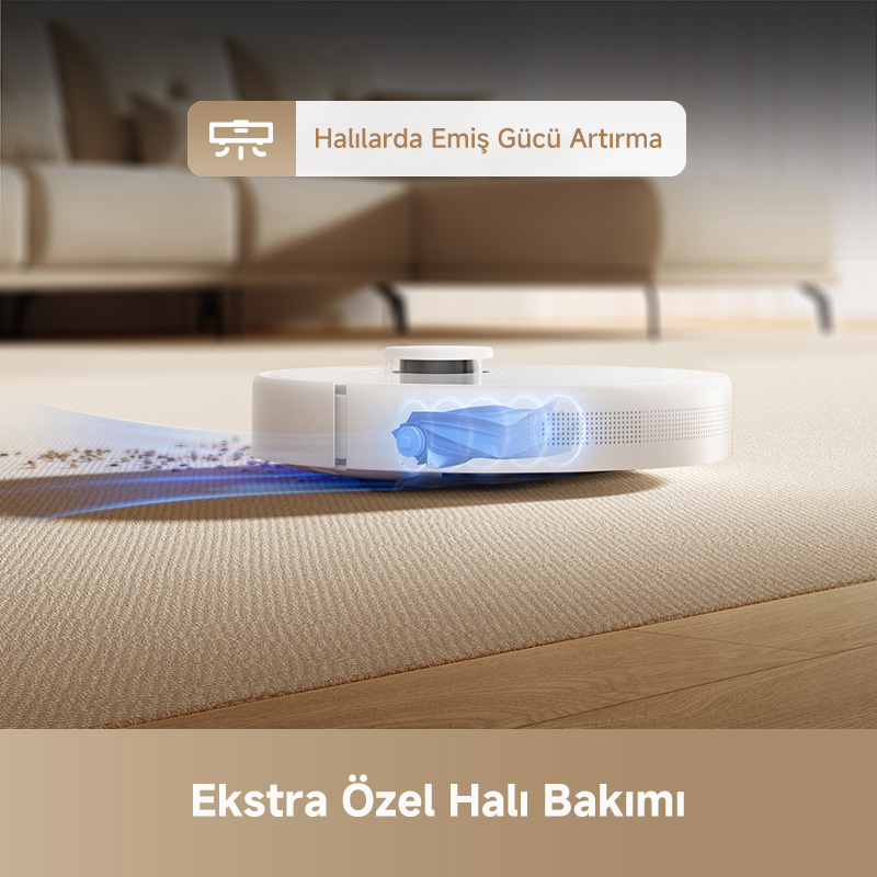 Beyaz bir robot süpürge halı temizliyor. Görüntü, temizleme işlemini görsel efektlerle vurguluyor.