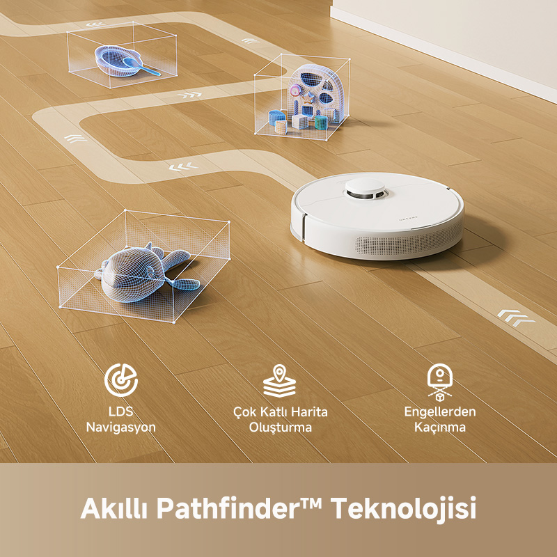 Ahşap zeminde beyaz bir robot süpürge. Oyuncaklar gibi engellerin etrafında çizilmiş bir yolu vardır, akıllı navigasyon gösterir.