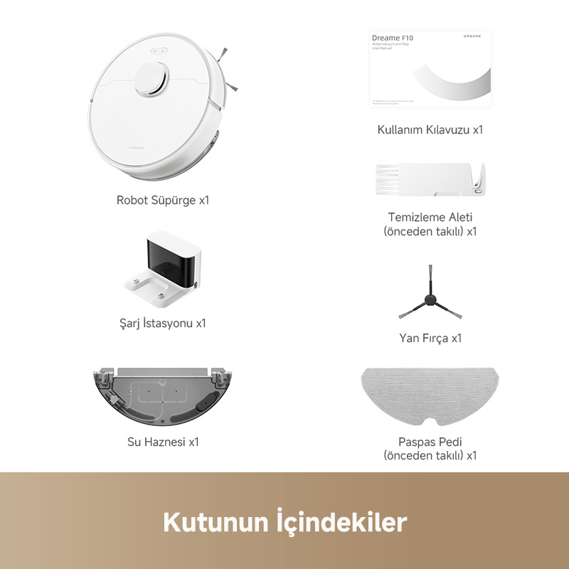 Kutu içeriği; robot süpürge, şarj istasyonu, yan fırça, su haznesi, temizleme aleti, paspas pedi ve kullanım kılavuzunu içerir.