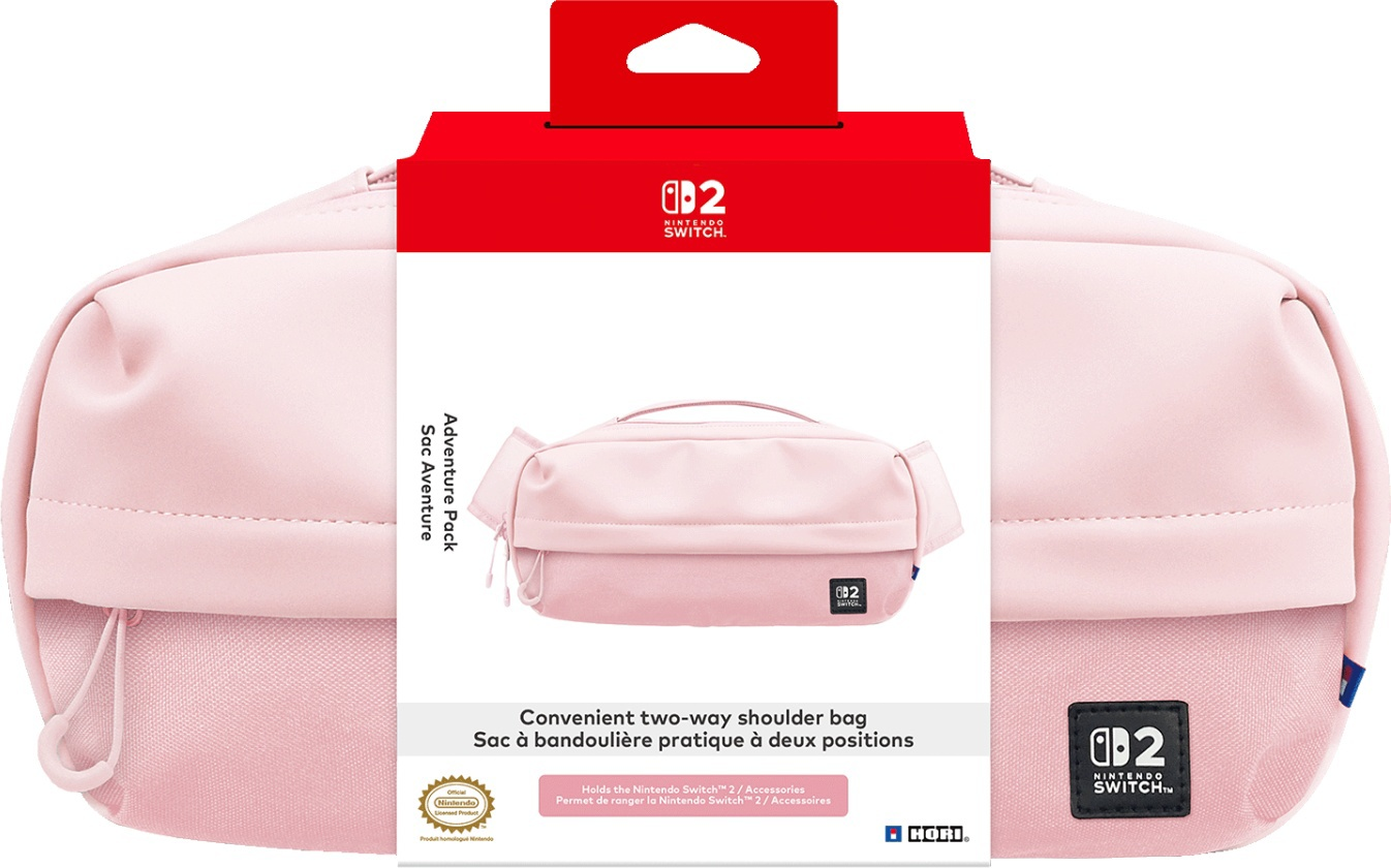 Borsa rosa Nintendo Switch. Scatola rossa sopra, testo bianco davanti e logo nero Nintendo Switch 2. Dice 'Adventure Pack'.