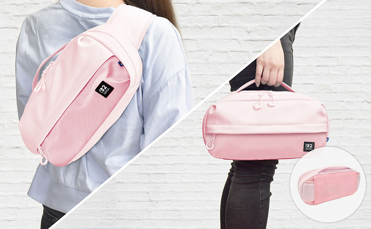 L'immagine mostra una borsa rosa indossata a tracolla e tenuta da una persona. Viene mostrata anche una versione più piccola della borsa.