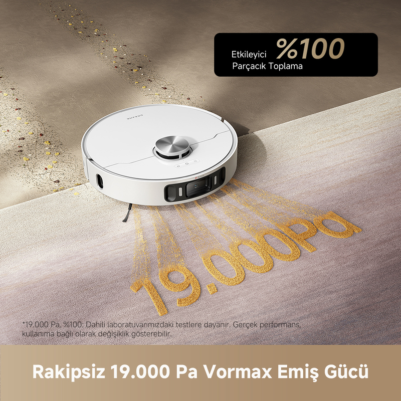 Halı üzerinde beyaz bir robot süpürge. Metin, 19.000 Pa emiş gücü ve %100 parçacık toplama gösteriyor.