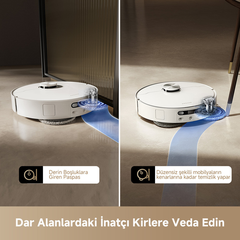 İki beyaz robot süpürge bir zemini temizliyor. Biri kapının, diğeri masa bacağının yanında. Mavi temizleme yolları gösteriliyor.