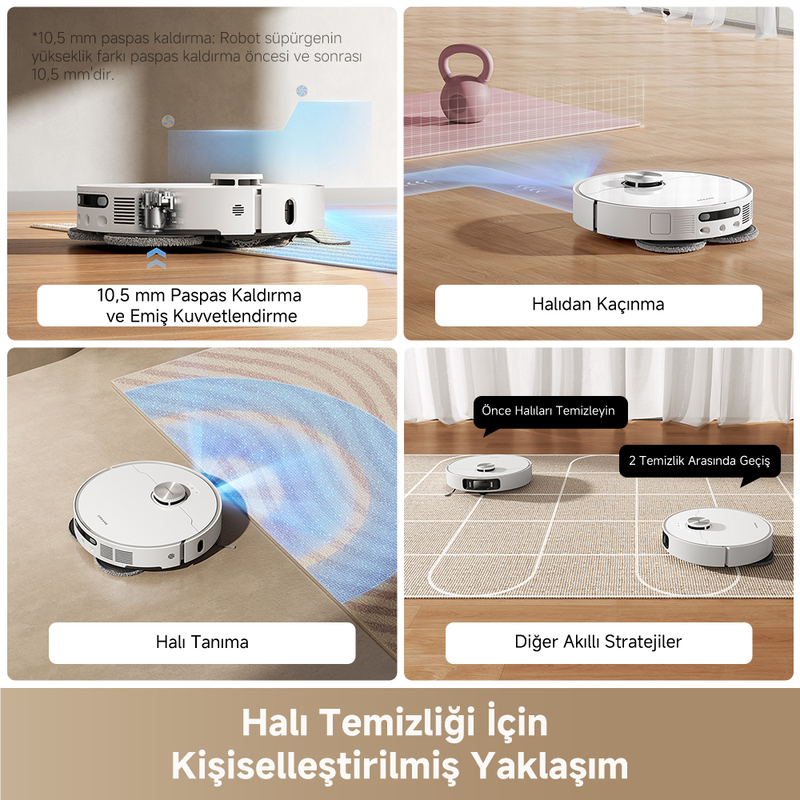 Görselde halıları temizleyen ve engellerden kaçınan bir robot süpürge görülüyor. Özellikler arasında halı tanıma ve gelişmiş emiş gücü yer alıyor.