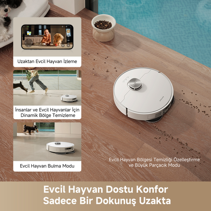 Ahşap zeminde beyaz bir robot süpürge. Görüntü, uzaktan evcil hayvan izleme ve bölge temizliği gibi evcil hayvan özelliklerini gösteriyor.
