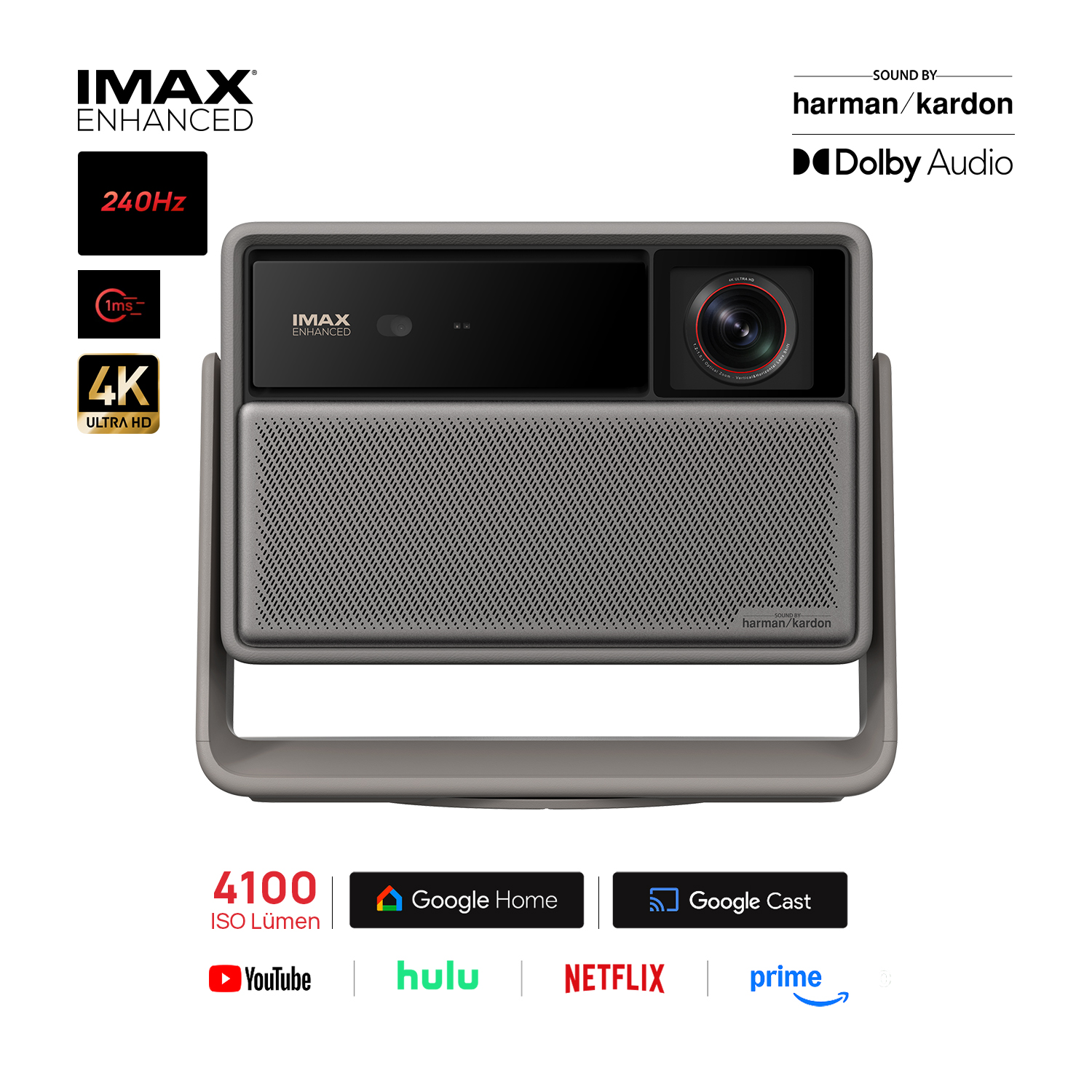 IMAX Enhanced, 4K ve 240Hz özelliklerine sahip bir projektör. Akış hizmetleri logoları ve Harman Kardon sesi içerir.