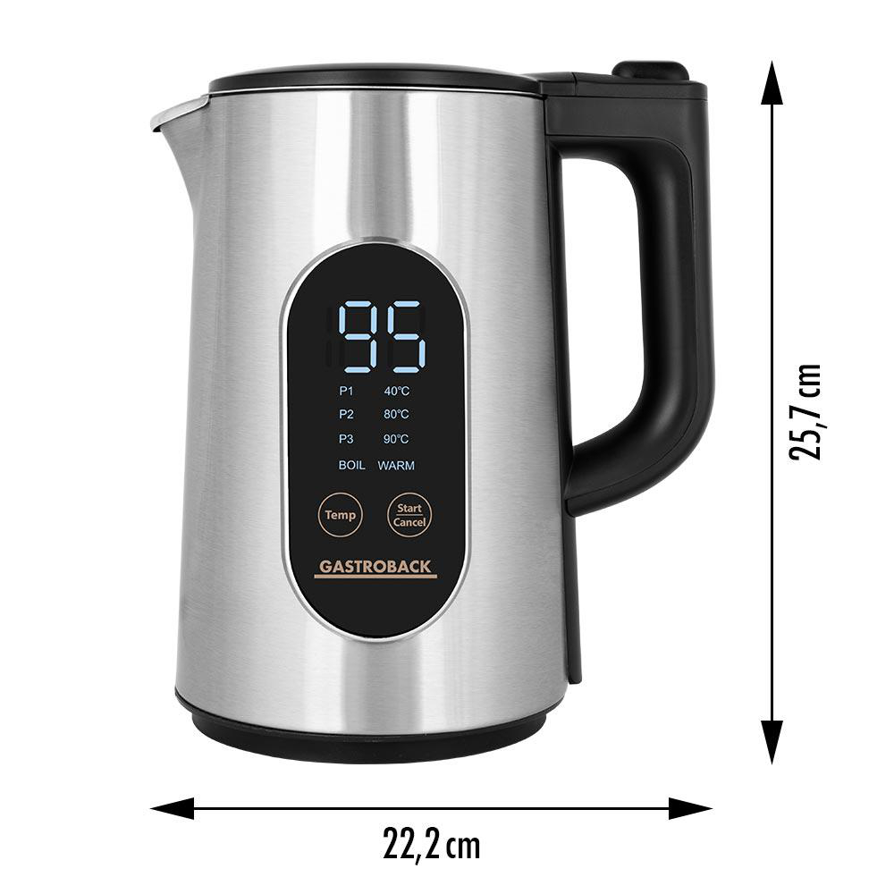 Elektrischer Wasserkocher aus Edelstahl mit Digitalanzeige, die 95 anzeigt. Merkmale: Temperatureinstellungen und Start-/Abbrechen-Taste.