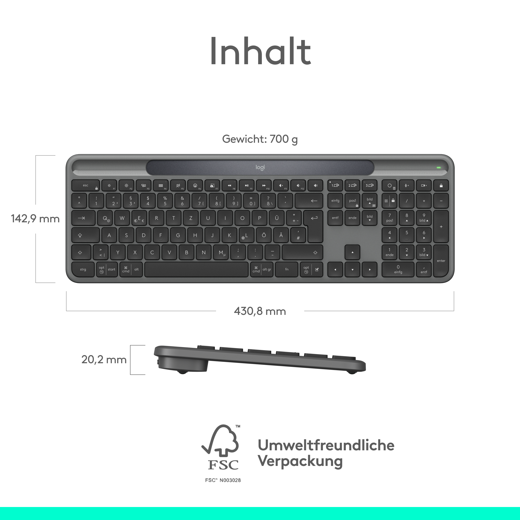 Graue Tastatur mit schwarzen Tasten, Größenangaben. Marke Logi. Ökologische Verpackung.