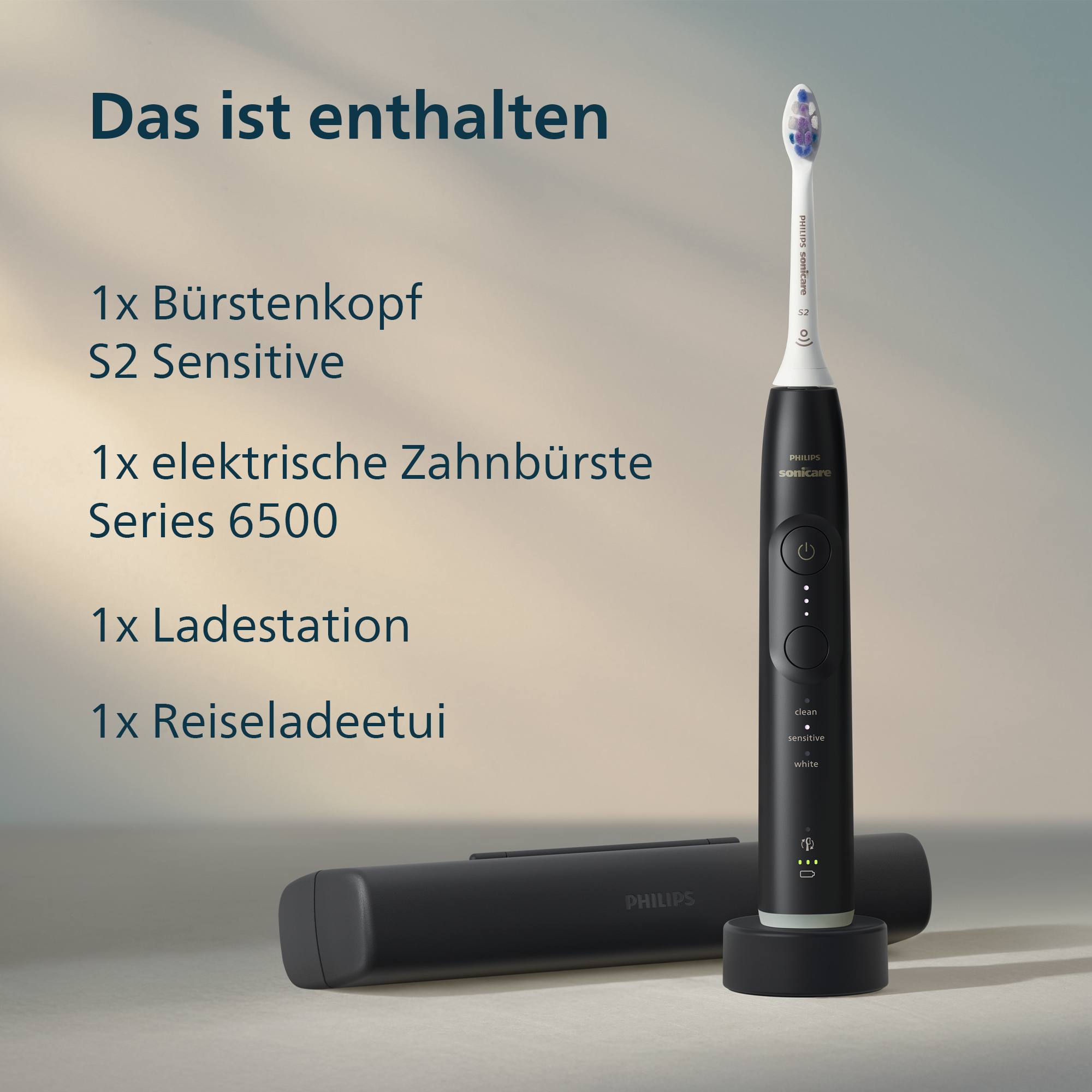 L'image montre un ensemble de brosse à dents électrique. Inclut une brosse à dents noire, un chargeur et un étui de voyage.